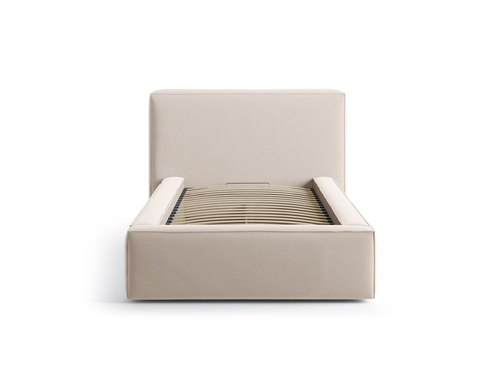 Elegantes Jodie Bett mit 90 cm Breite, Stauraum und Kopfteil in stilvollem Dark Beige-Bluvel, ideal für moderne Schlafzimmer.