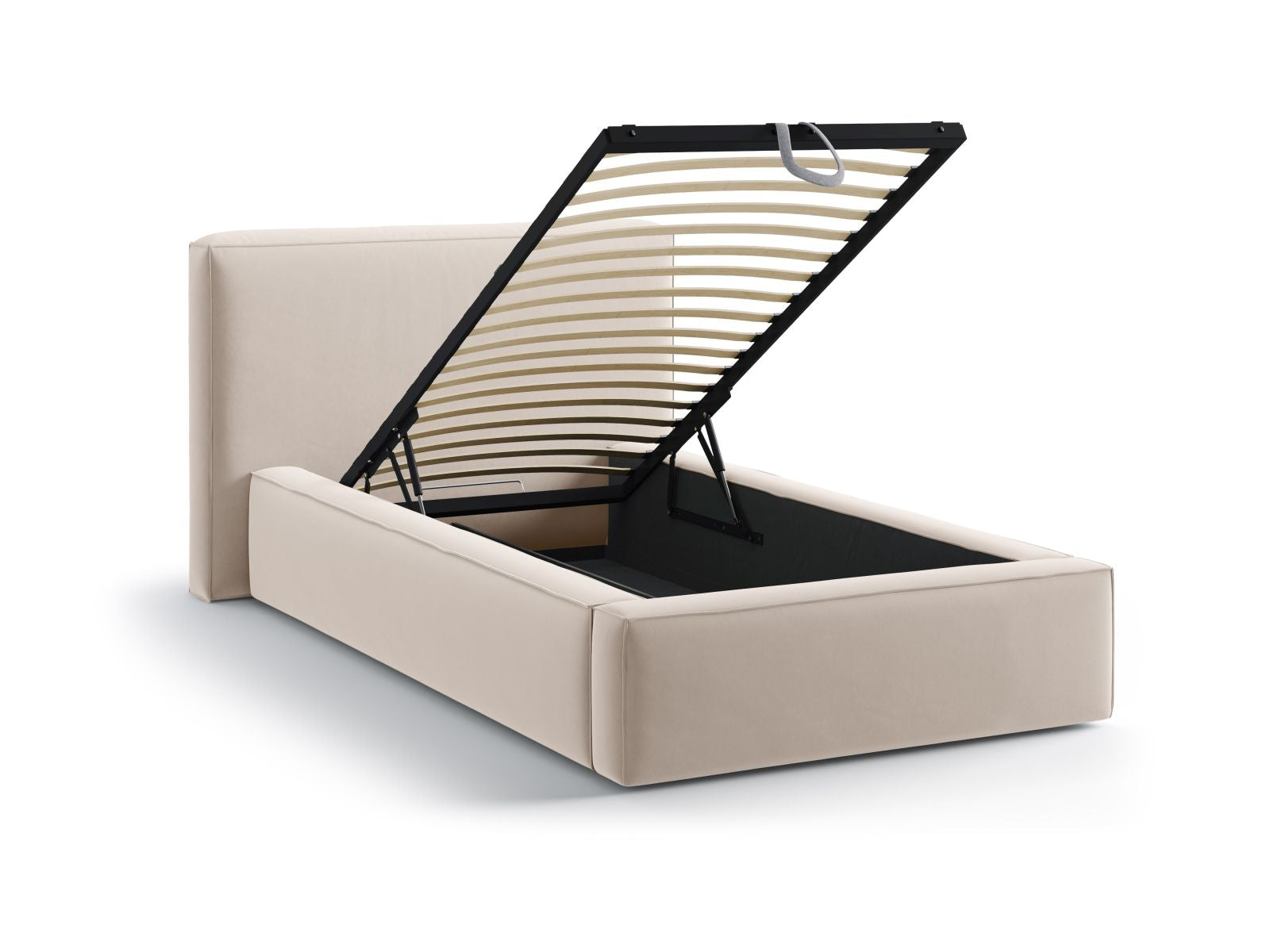 Elegantes Jodie Bett in Dunkelbeige mit 90 cm Breite, ausgestattet mit praktischem Stauraum und einem ansprechenden Kopfteil für stilvolle Schlafzimmer.