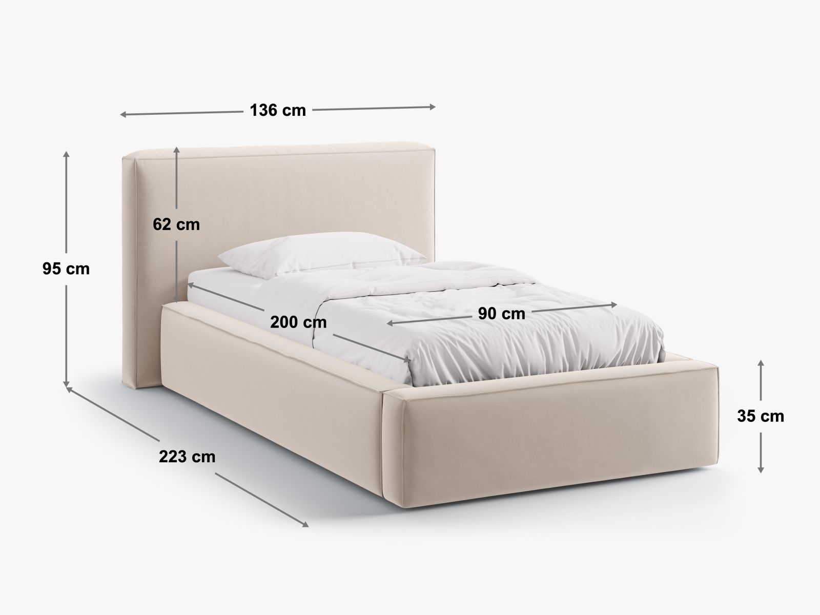 Stylisches Jodie Bett mit 90 cm Breite, praktischem Stauraum und ansprechendem Kopfteil in Green-Bluvel, perfekt für zeitgemäße Wohnräume.
