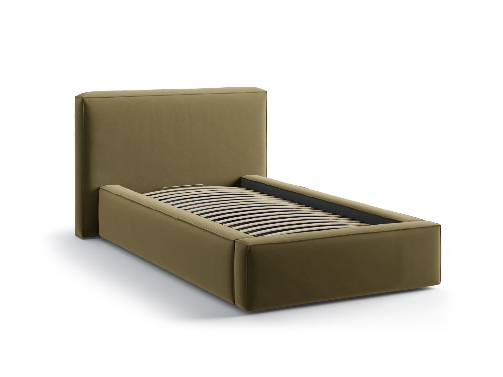 Modernes Jodie Bett mit 90 cm Breite, elegantem Kopfteil und integriertem Stauraum in Green-Bluvel, ideal für stilvolle Schlafzimmer.