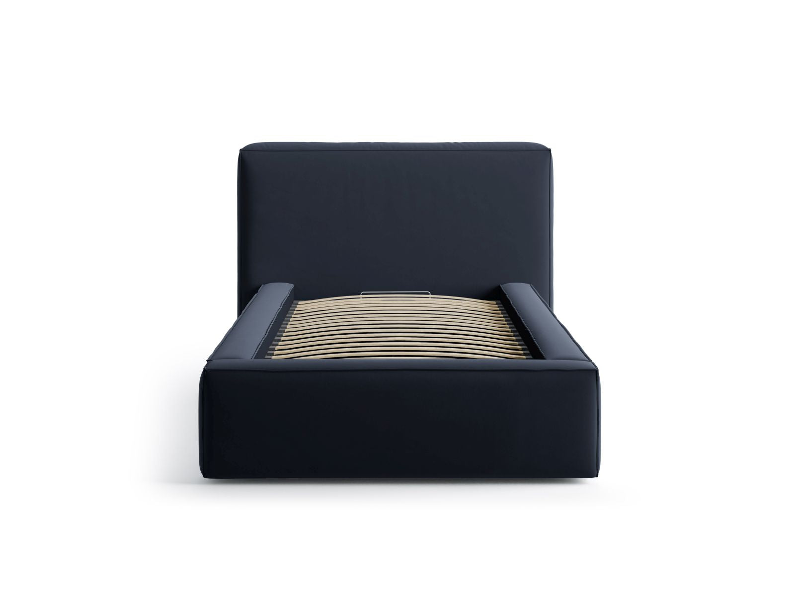 Elegantes Jodie Bett mit 90 cm Breite, Stauraum und stilvollem Kopfteil in Dunkelblau, ideal für moderne Schlafzimmer.