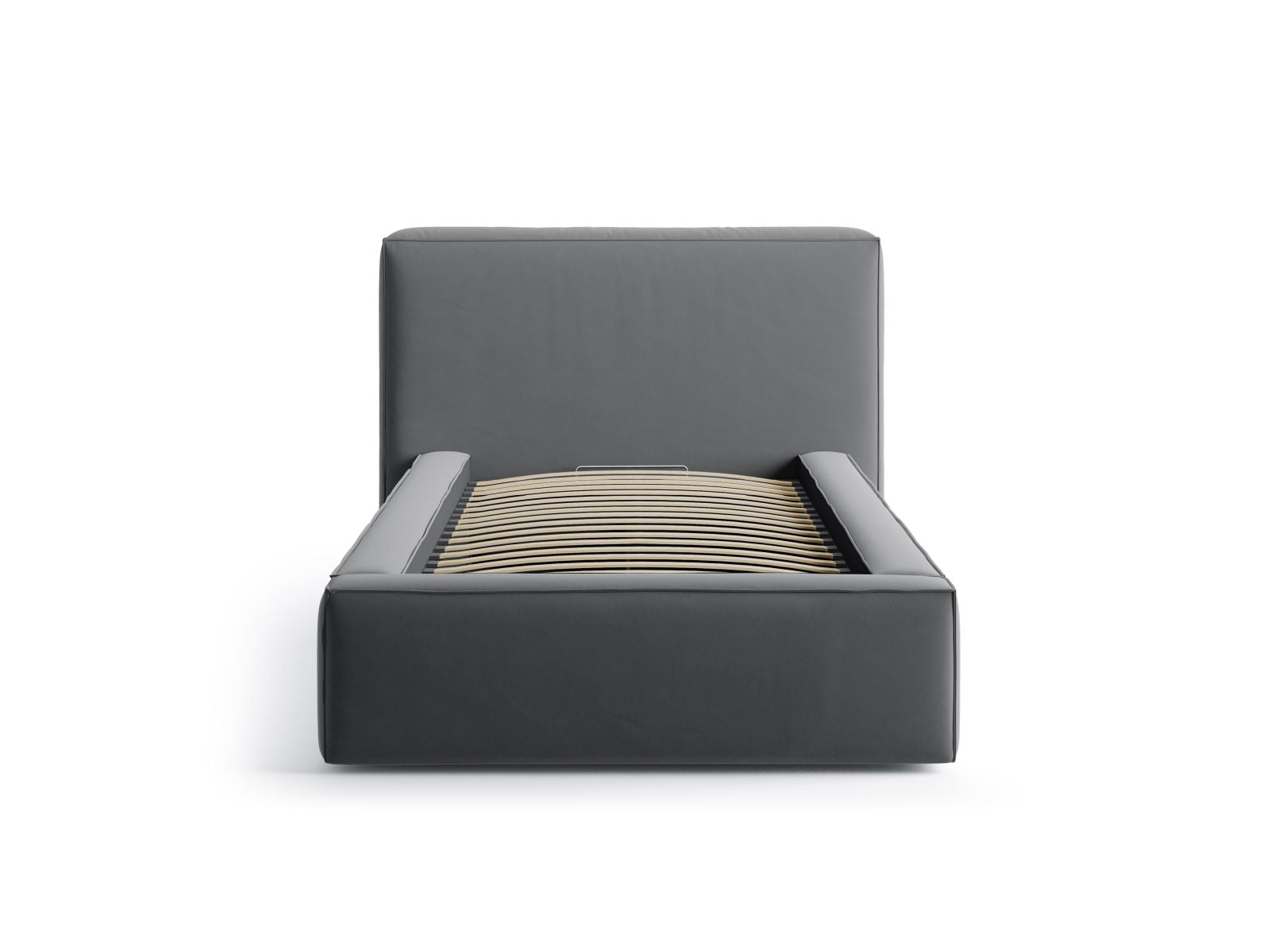 Elegantes Jodie Bett mit 90 cm Breite, Stauraum und stilvollem Kopfteil in Grey-Bluvel, ideal für moderne Schlafzimmer.