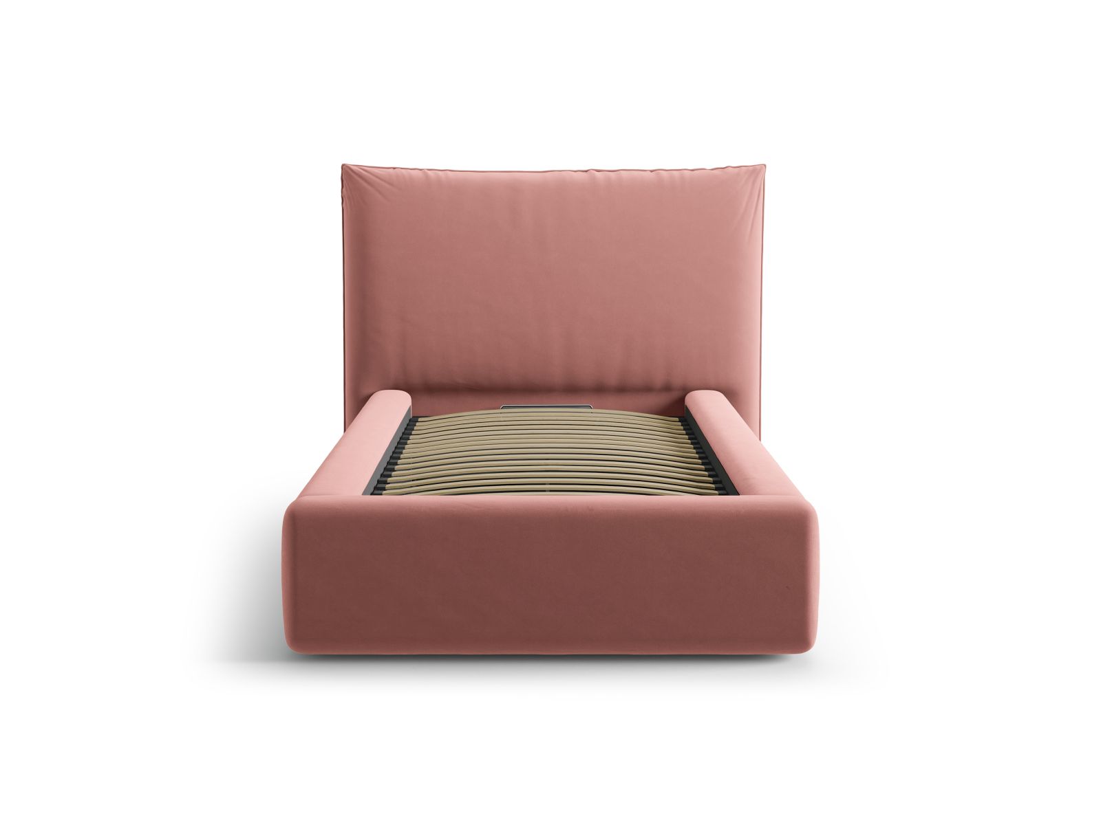 Stylisches Kaelle Bett mit 90 cm Breite, Kopfteil und praktischem Stauraum in Pink-Bluvel, ideal für moderne Schlafzimmer.