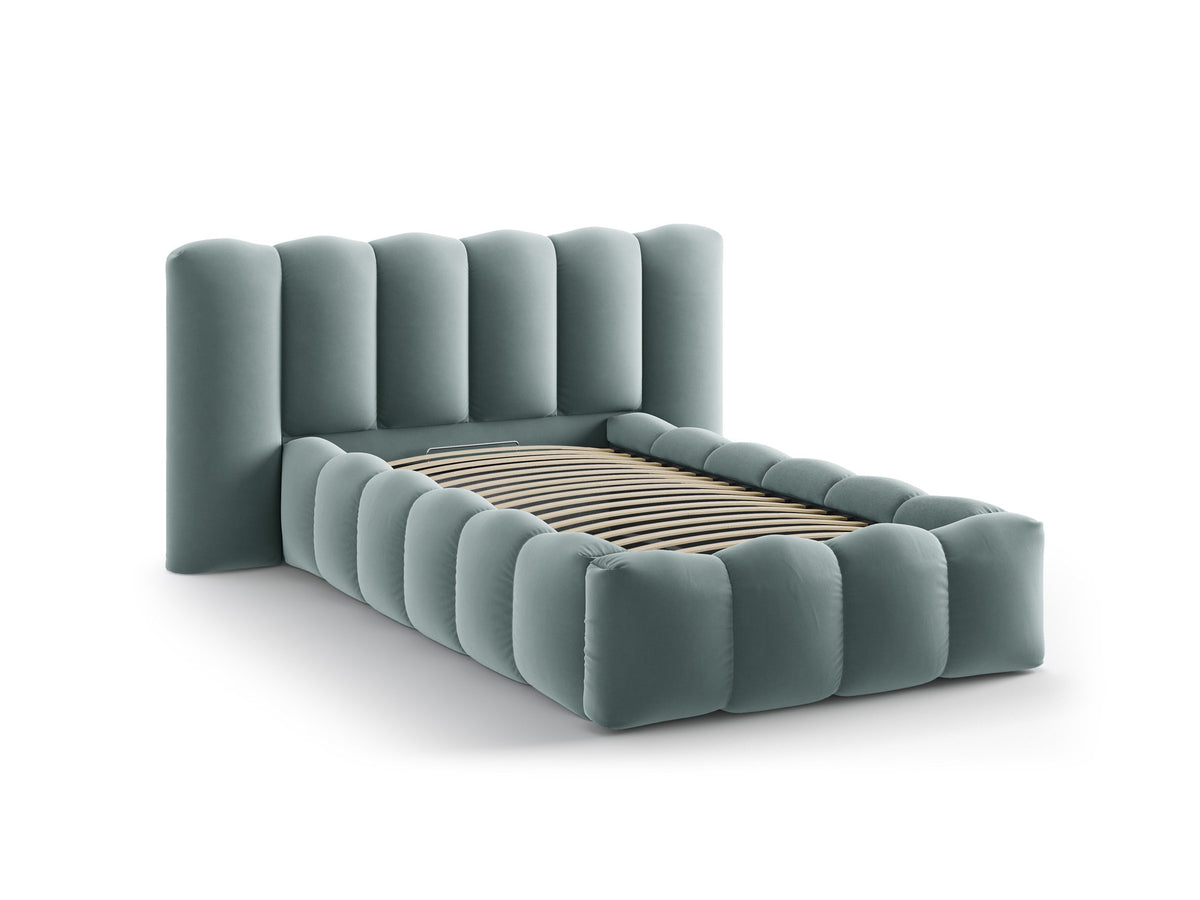 Lupine Stauraumbett mit Kopfteil 90 x 200 cm von Micadoni in Light Beige-Moly, Metallrahmen mit Sperrholzlatten und schwarzen Kunststoffbeinen.
