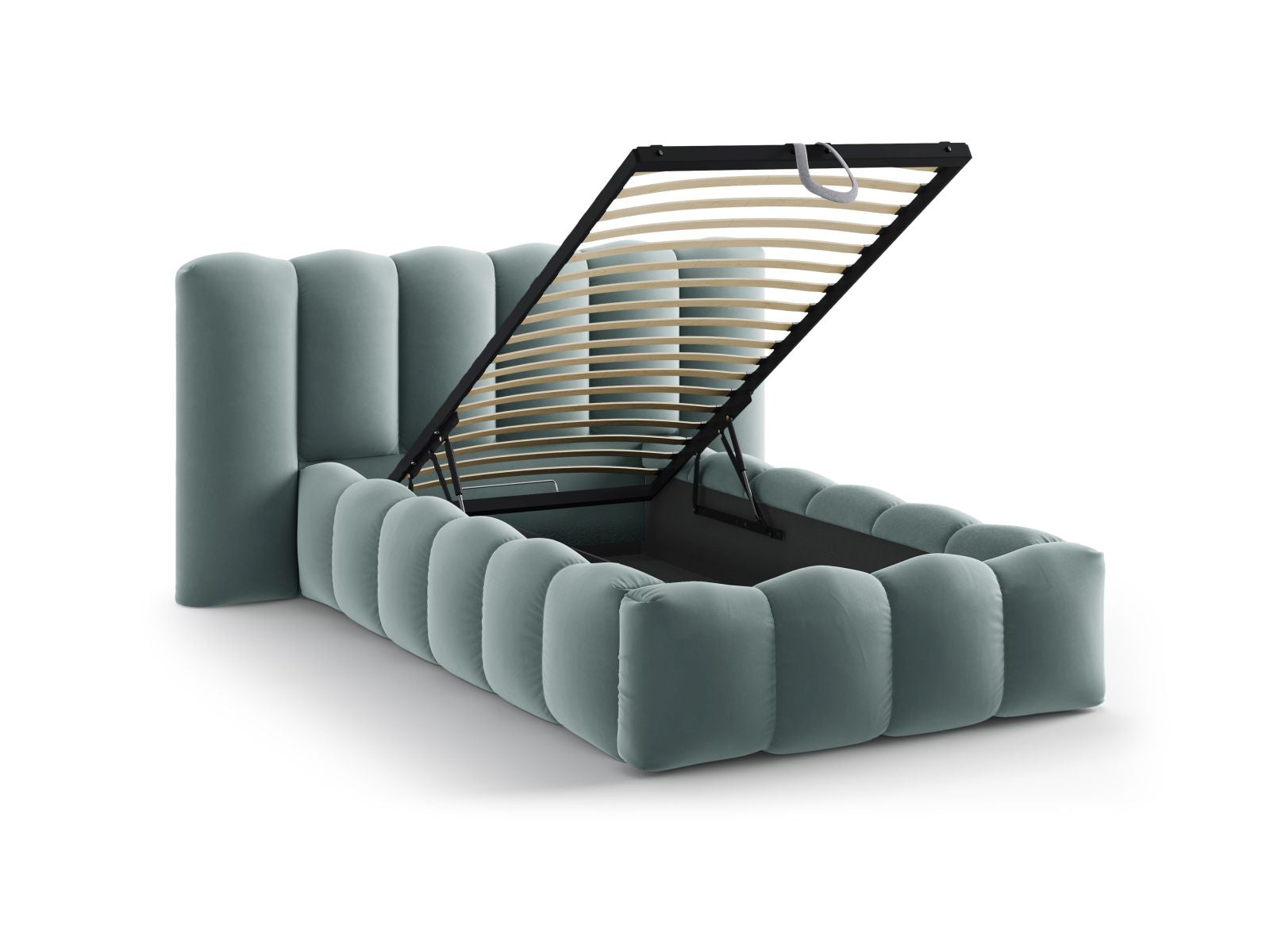 Modernes Lupine Bett in Mint-Paris, 90 cm, mit praktischem Stauraum und geschmackvollem Kopfteil, ideal für stilvolle Schlafzimmer.