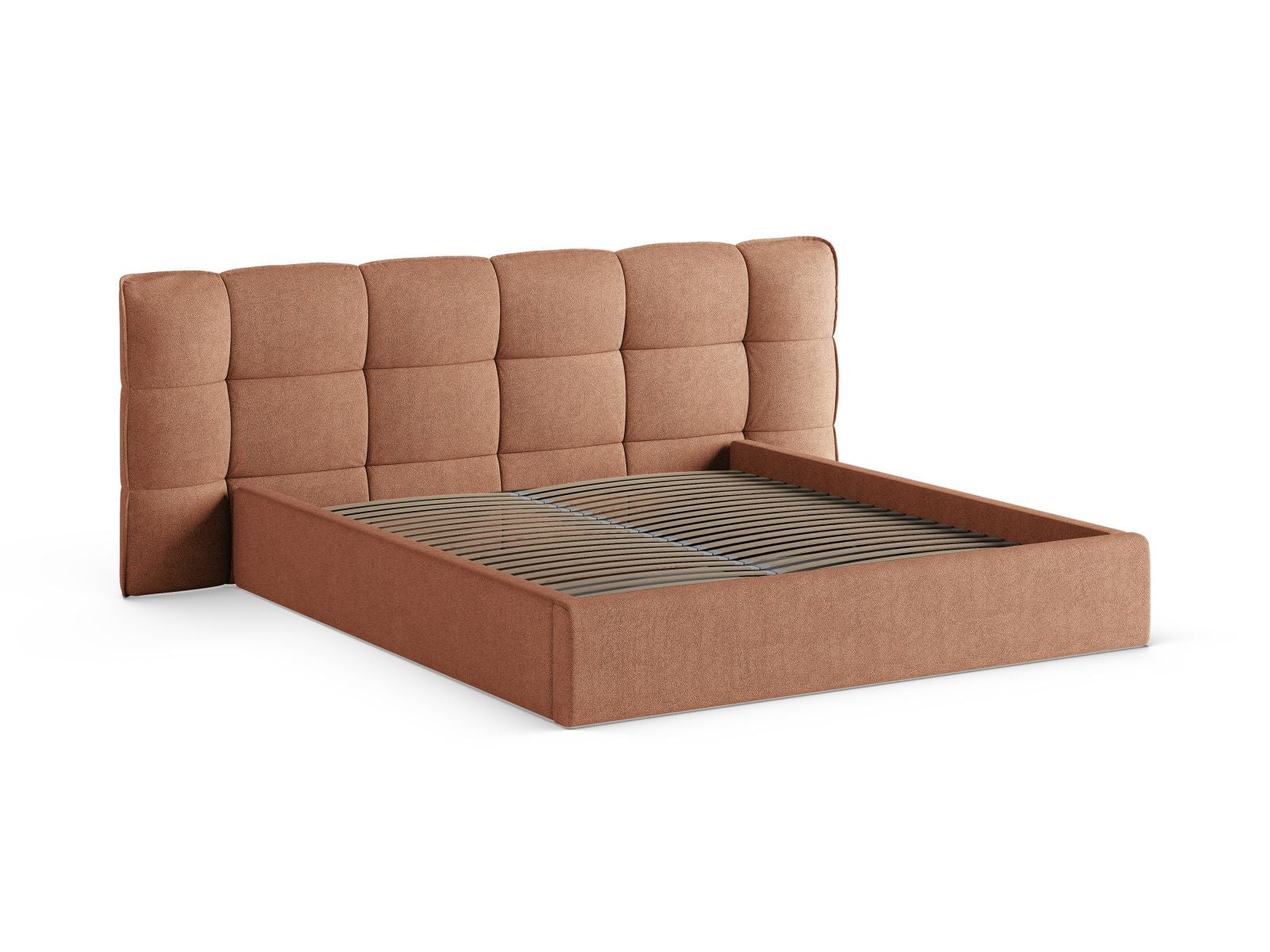 Modernes Eric Bett mit praktischem Stauraum und stilvollem Kopfteil in Peach-Sicuro, ideal für ein elegantes Schlafzimmer.