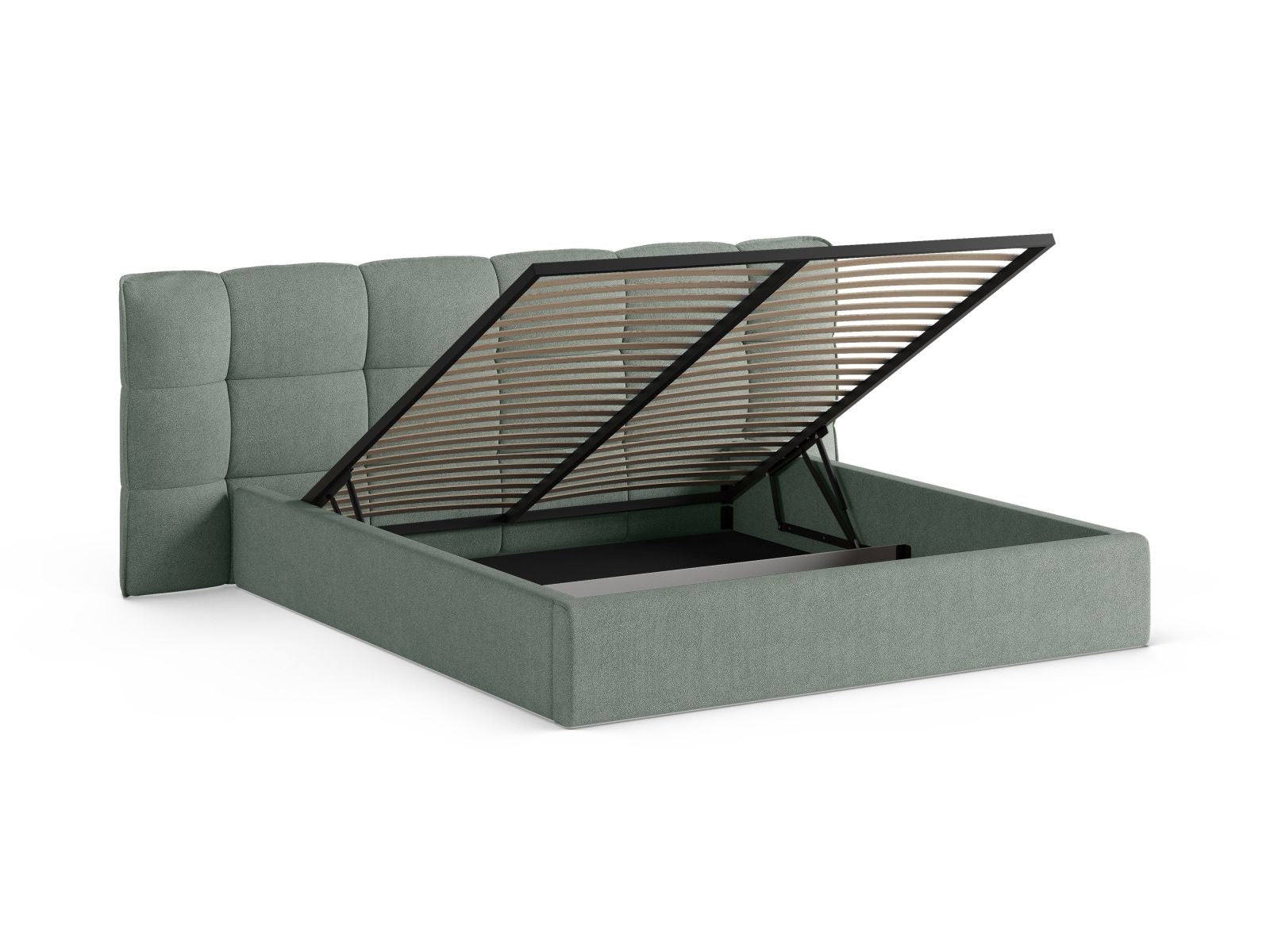 Modernes Eric Bett in Mint-Sicuro, ausgestattet mit einem eleganten Kopfteil und cleverem Stauraum für eine stilvolle und funktionale Schlafumgebung.
