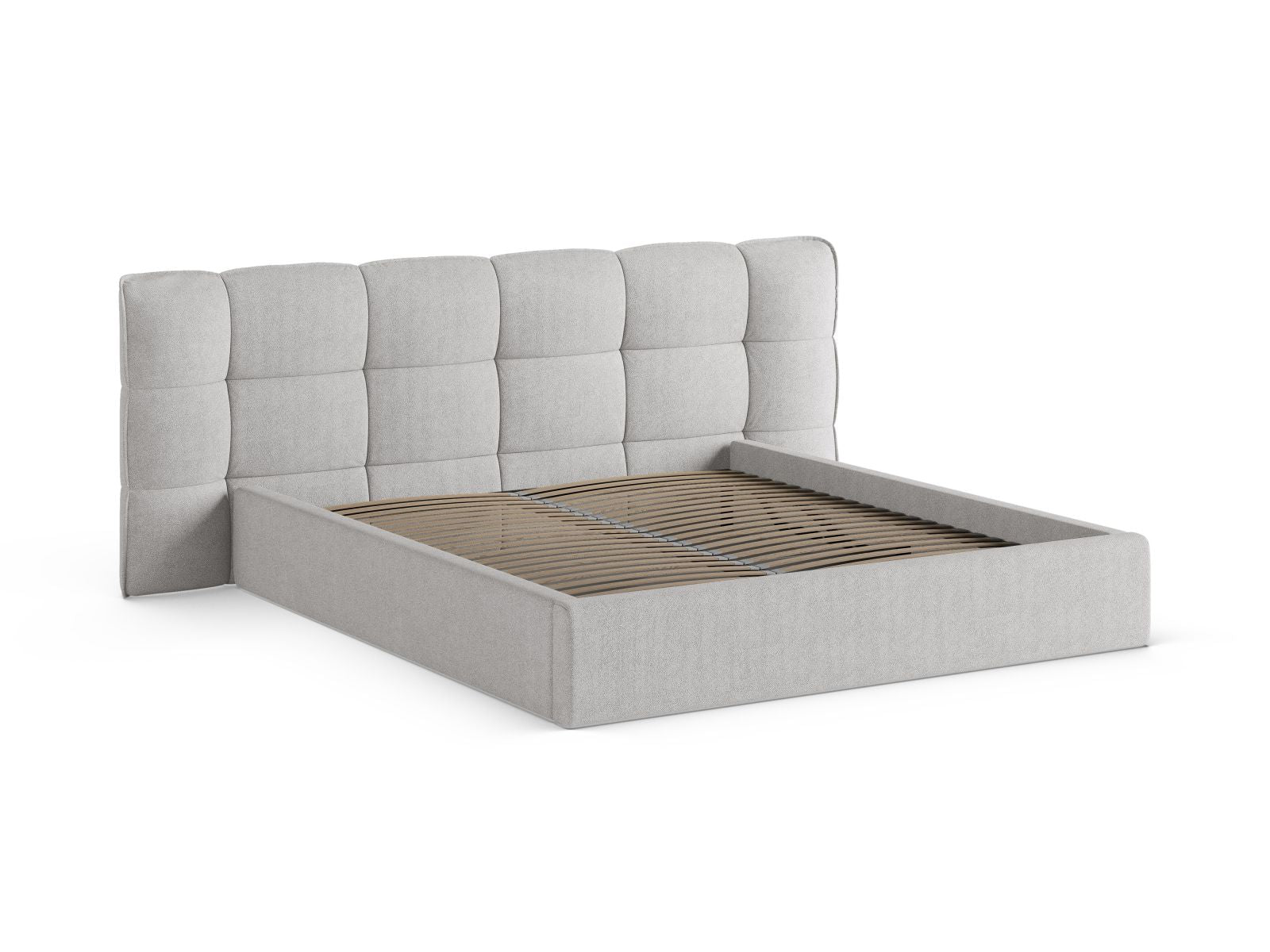 Elegantes Eric Bett in hellem Grau mit praktischem Stauraum und ansprechendem Kopfteil, ideal für moderne Schlafzimmergestaltung.