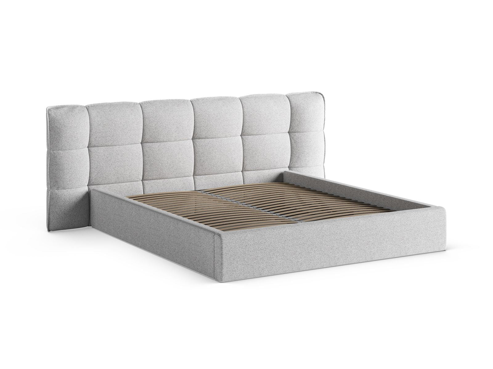Elegantes Eric Bett in hellem Grau mit praktischem Stauraum und geschmackvollem Kopfteil, ideal für stilvolle und funktionale Schlafzimmer.