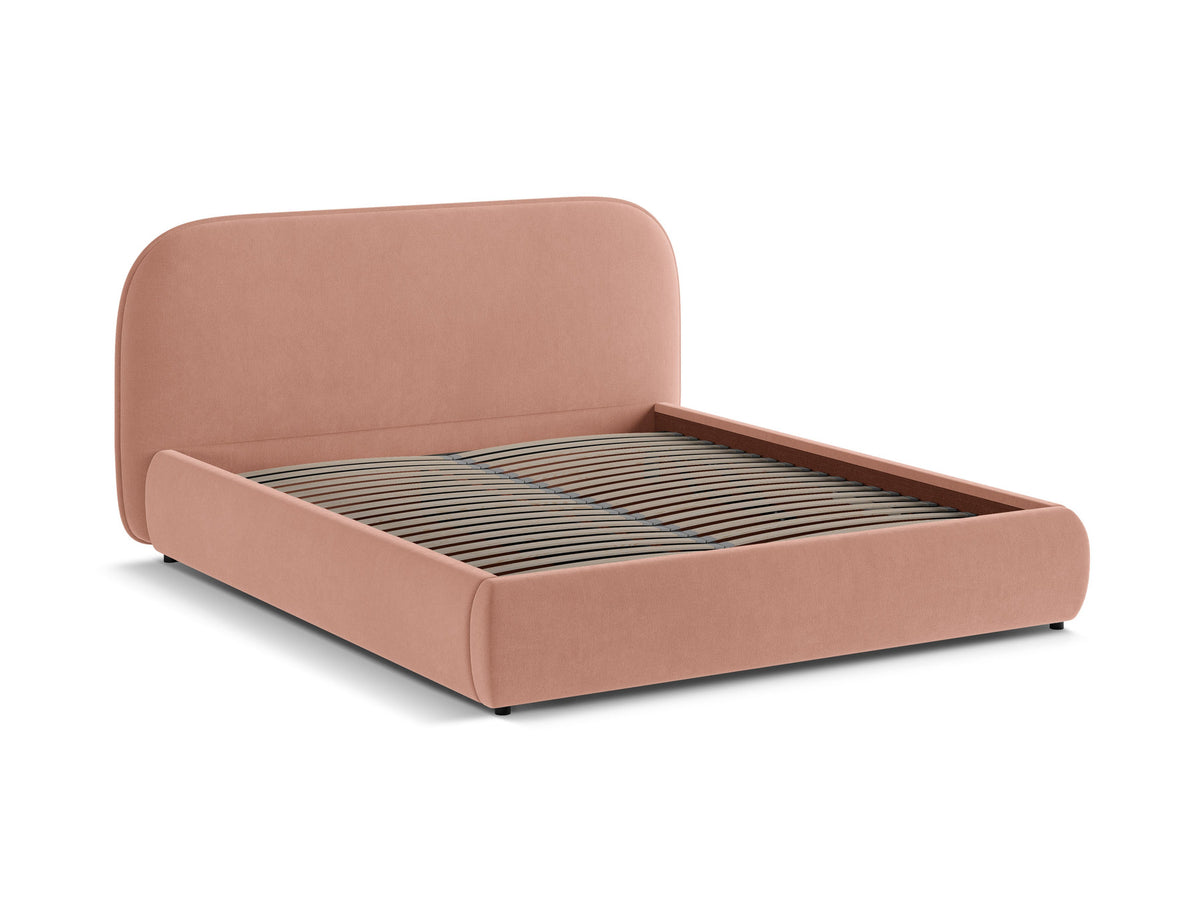 Stauraumbett Murada mit gepolstertem Kopfteil, Metallrahmen und Front-öffnender Bettbox, Stoffbezug Tracy in Light Beige Melange, schwarze Kunststoffbeine.