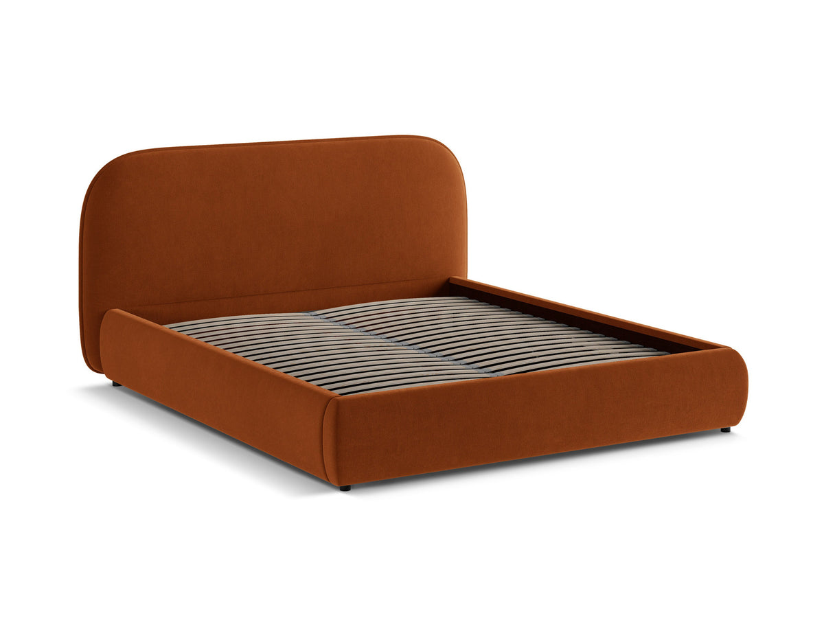 Stauraumbett Murada mit gepolstertem Kopfteil, Metallrahmen und Front-öffnender Bettbox, Stoffbezug Tracy in Light Beige Melange, schwarze Kunststoffbeine.