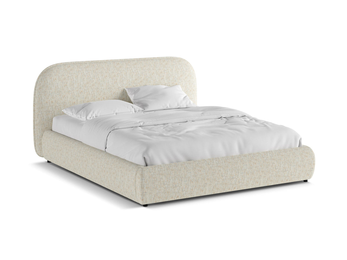 Stauraumbett Murada von Micadoni in Light Beige Melange-Tracy mit gepolstertem Kopfteil, Metallrahmen und schwarzen Kunststoffbeinen, Bettkasten geöffnet sichtbar