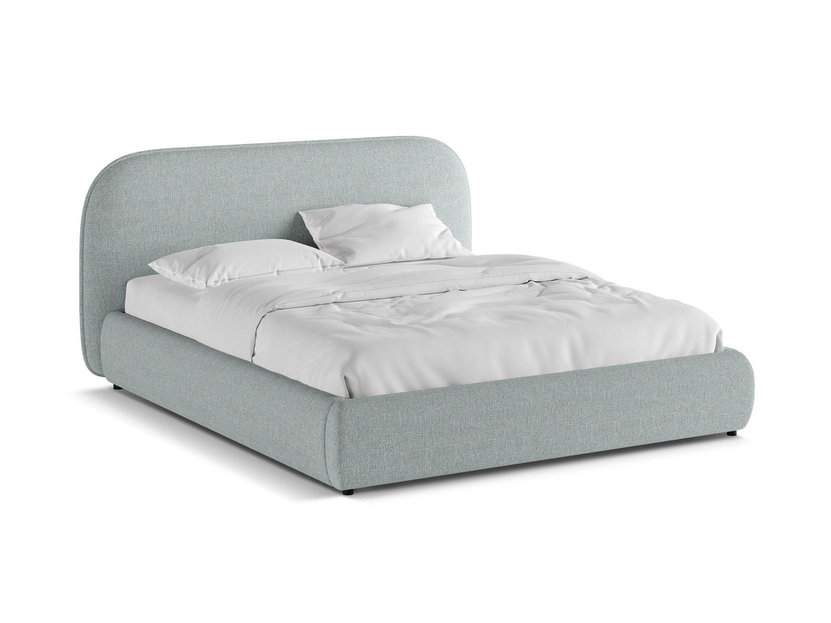 Stauraumbett Murada von Micadoni in Light Beige Melange-Tracy mit gepolstertem Kopfteil, Metallrahmen und schwarzen Kunststoffbeinen, Bettkasten geöffnet sichtbar