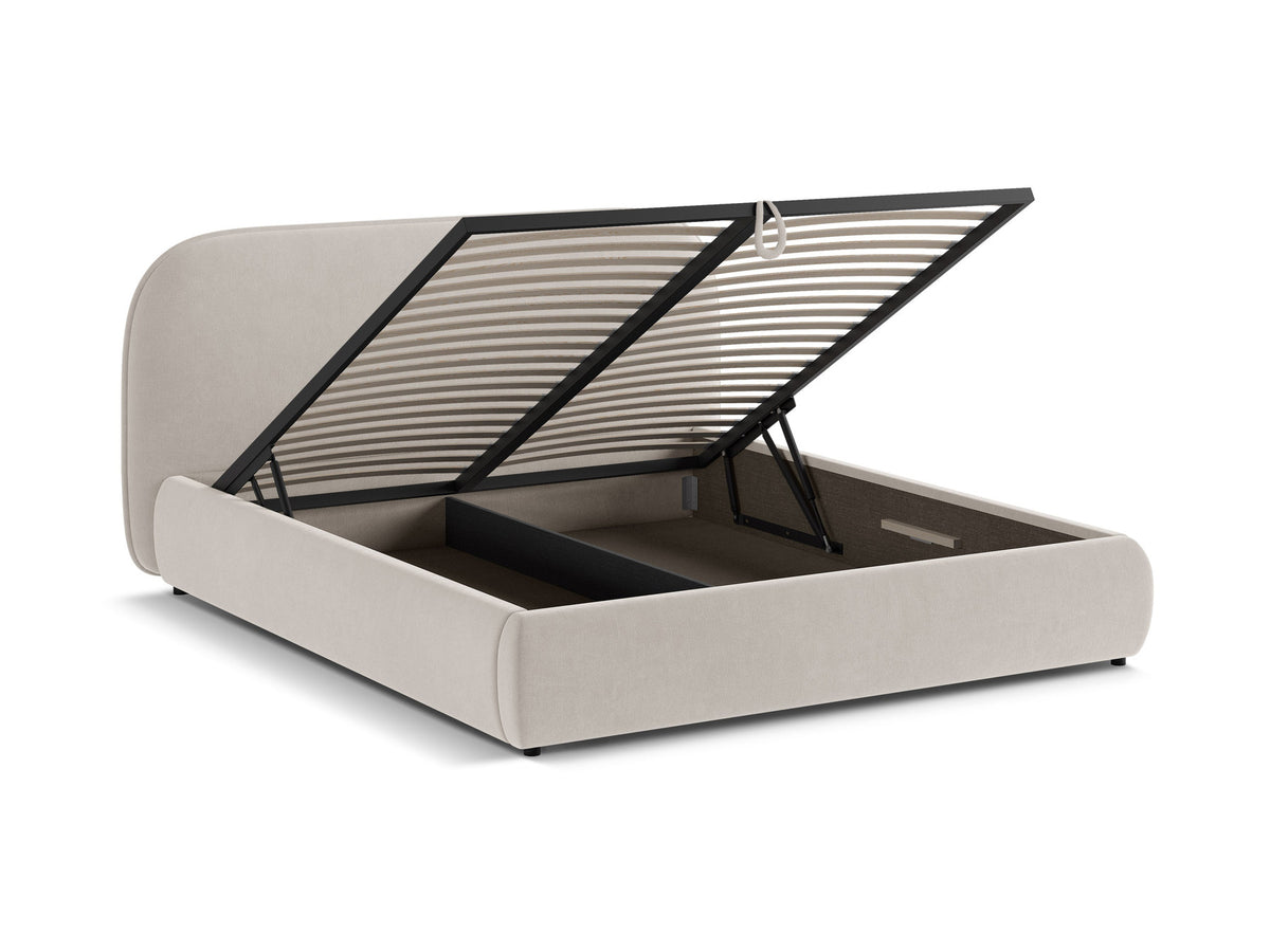Stauraumbett Murada von Micadoni in Light Beige Melange-Tracy mit gepolstertem Kopfteil, Metallrahmen und schwarzen Kunststoffbeinen, Bettkasten geöffnet sichtbar