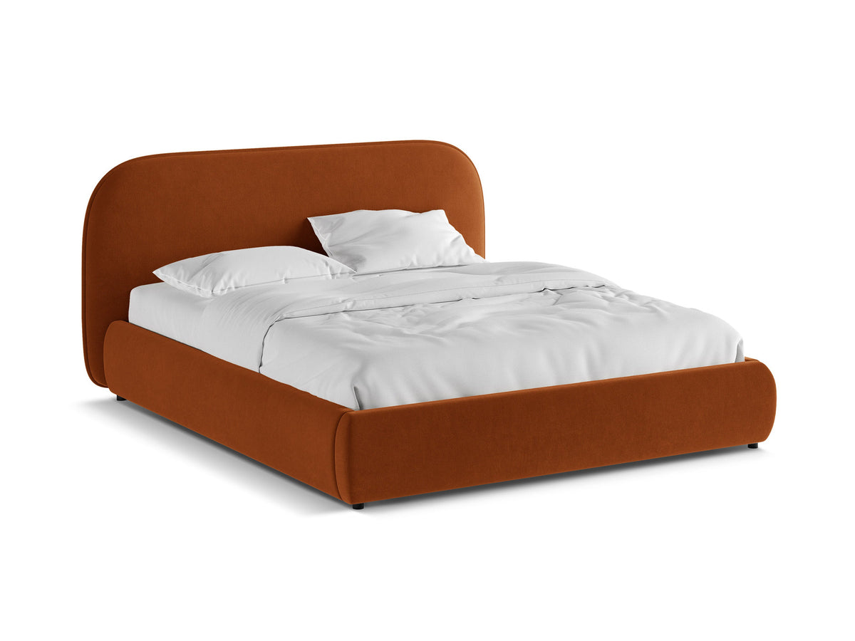Stauraumbett Murada von Micadoni in Light Beige Melange-Tracy mit gepolstertem Kopfteil, Metallrahmen und schwarzen Kunststoffbeinen, Bettkasten geöffnet sichtbar