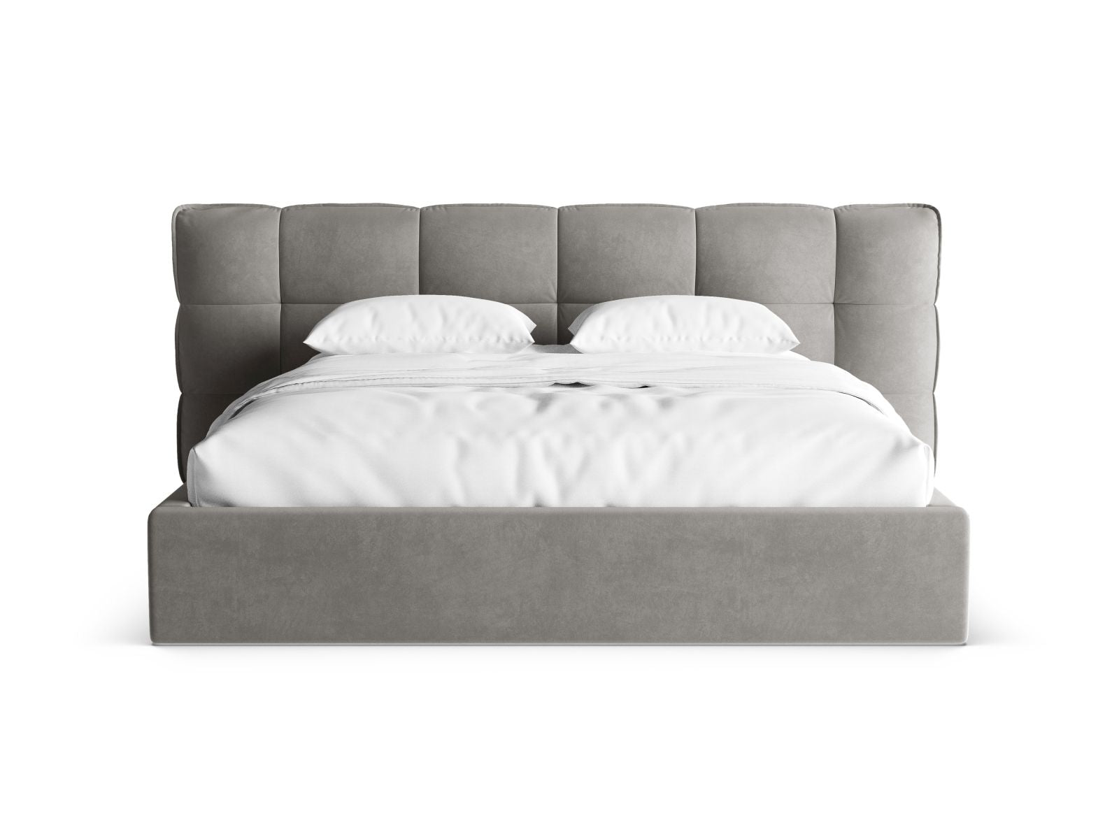 Modernes Eric Bett mit Stauraum und Kopfteil in Grau, ideal für stilvolle Schlafzimmer und praktischen Platzbedarf.
