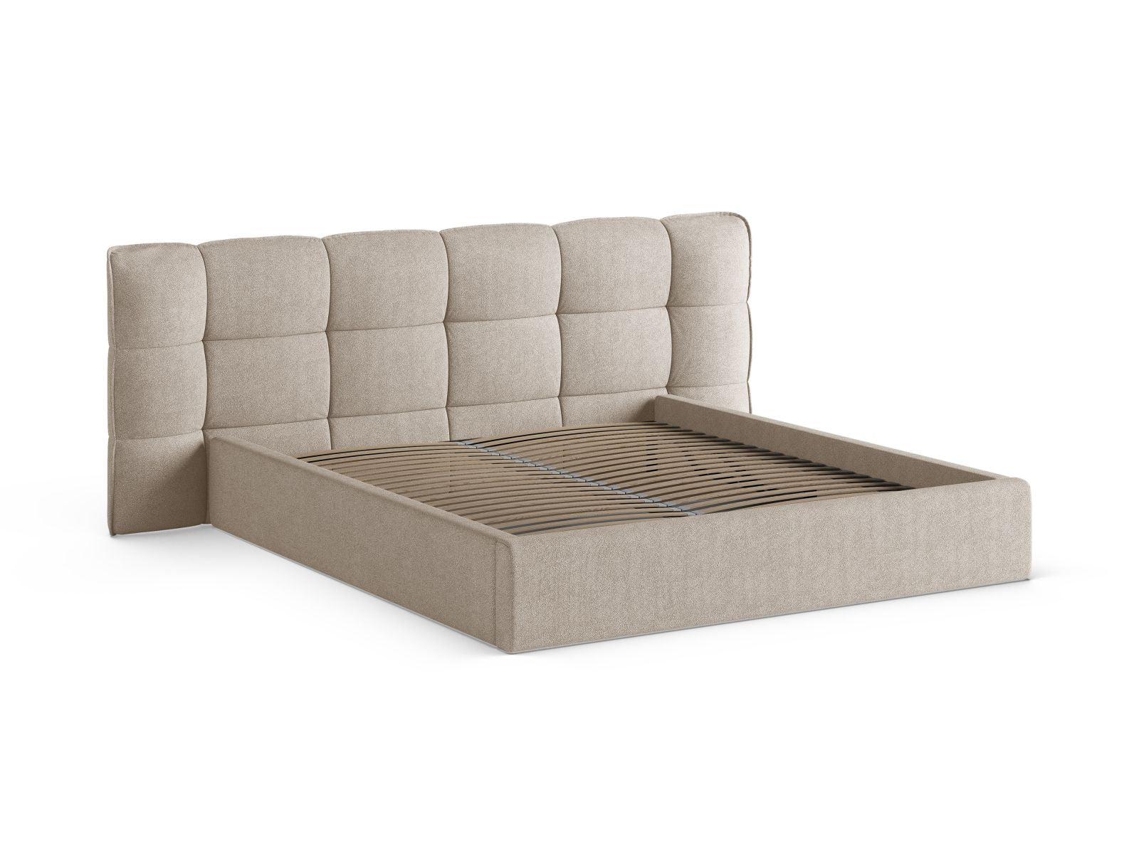 Elegantes Eric Bett in Dunkelbeige mit praktischem Stauraum und ansprechendem Kopfteil, ideal für moderne Schlafzimmergestaltung.