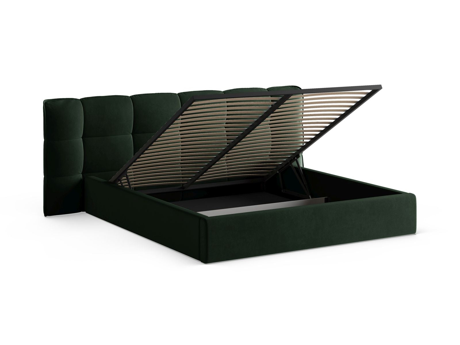 Modernes Eric Bett in edlem Flaschengrün, ausgestattet mit praktischem Stauraum und einem ansprechenden Kopfteil für ein stilvolles Ambiente.