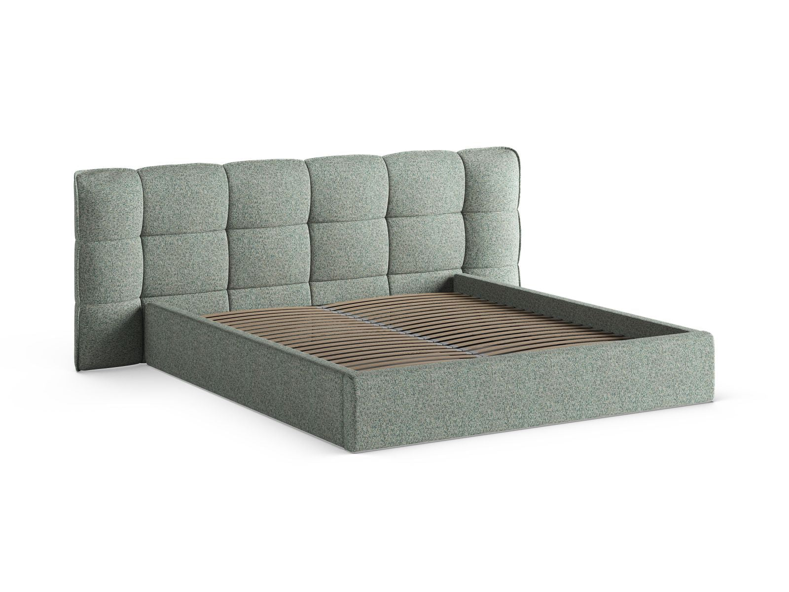 Elegantes Eric Bett in 200cm Breite mit integriertem Stauraum und Kopfteil, in modischem Moss Green Melange für ein modernes Schlafzimmer.