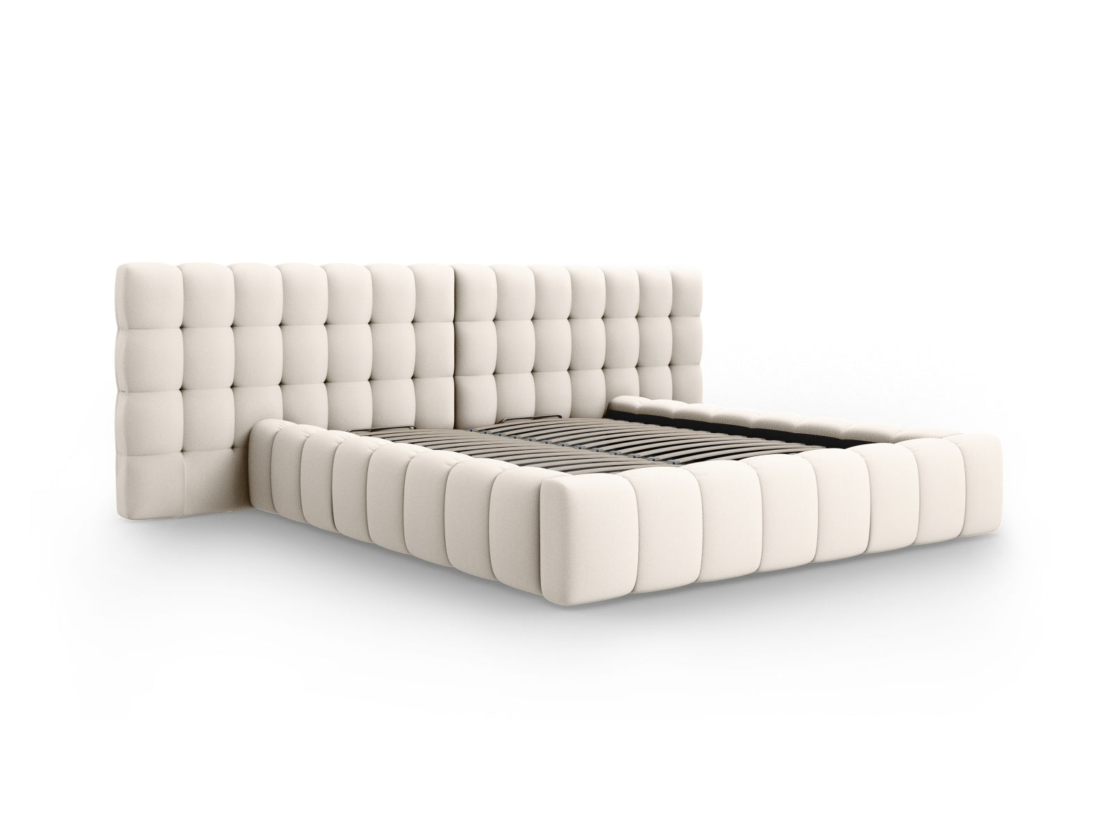 Stilvolles Mamaia Boucle Bett in sanftem Beige, ausgestattet mit praktischem Stauraum und einem doppelten Kopfteil für zusätzlichen Komfort.