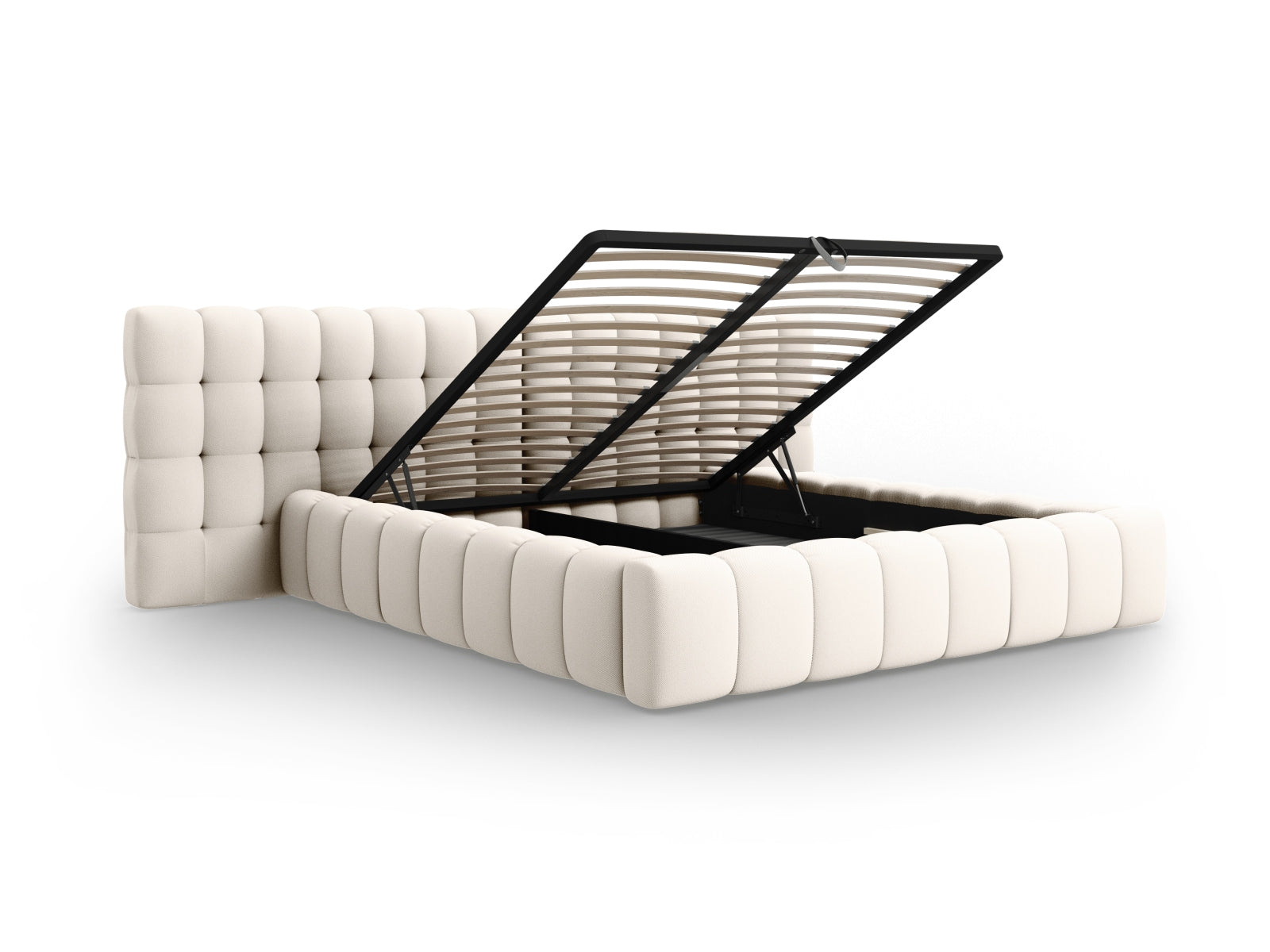 Stilvolles Mamaia Boucle Bett in sanftem Beige, ausgestattet mit praktischem Stauraum und einem doppelten Kopfteil für zusätzlichen Komfort.