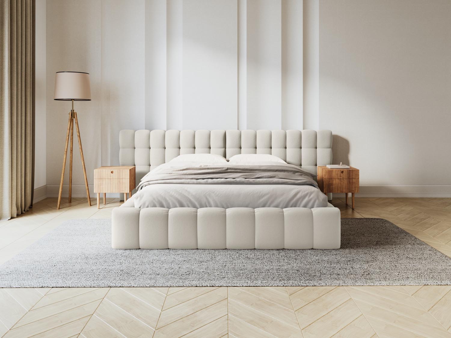 Elegantes Mamaia Boucle Bett in Light Beige mit praktischem Stauraum und stilvollem doppeltem Headboard, ideal für moderne Schlafzimmer.