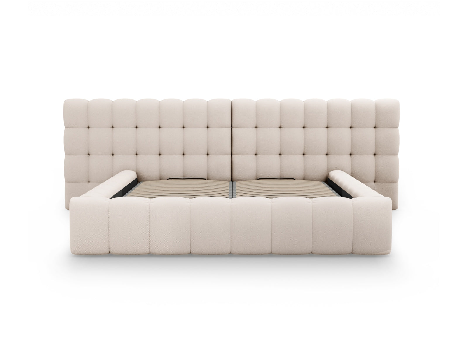 Elegantes Mamaia Boucle Bett in neutralen Beige- und Schwarznuancen, bietet cleveren Stauraum und ein komfortables doppeltes Kopfteil.