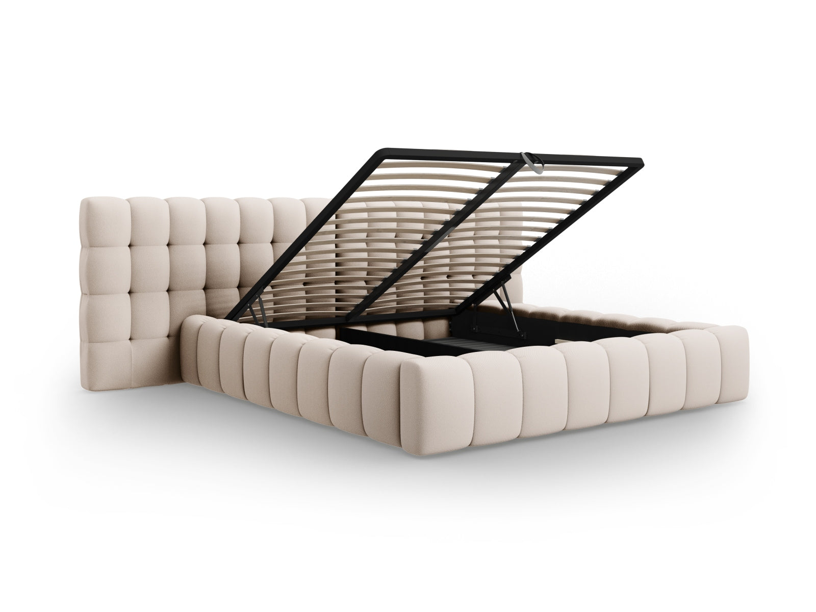 Stilvolles Mamaia Boucle Bett mit praktischem Stauraum und doppeltem Kopfteil, ideal für moderne Schlafzimmer in sanften Beige- und Schwarztonen.