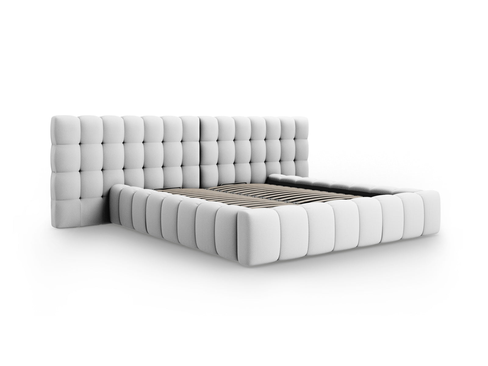 Stilvolles Mamaia Boucle Bett in sanften Grautönen mit doppeltem Kopfteil und cleverem Stauraum, perfekt für moderne Schlafzimmer.