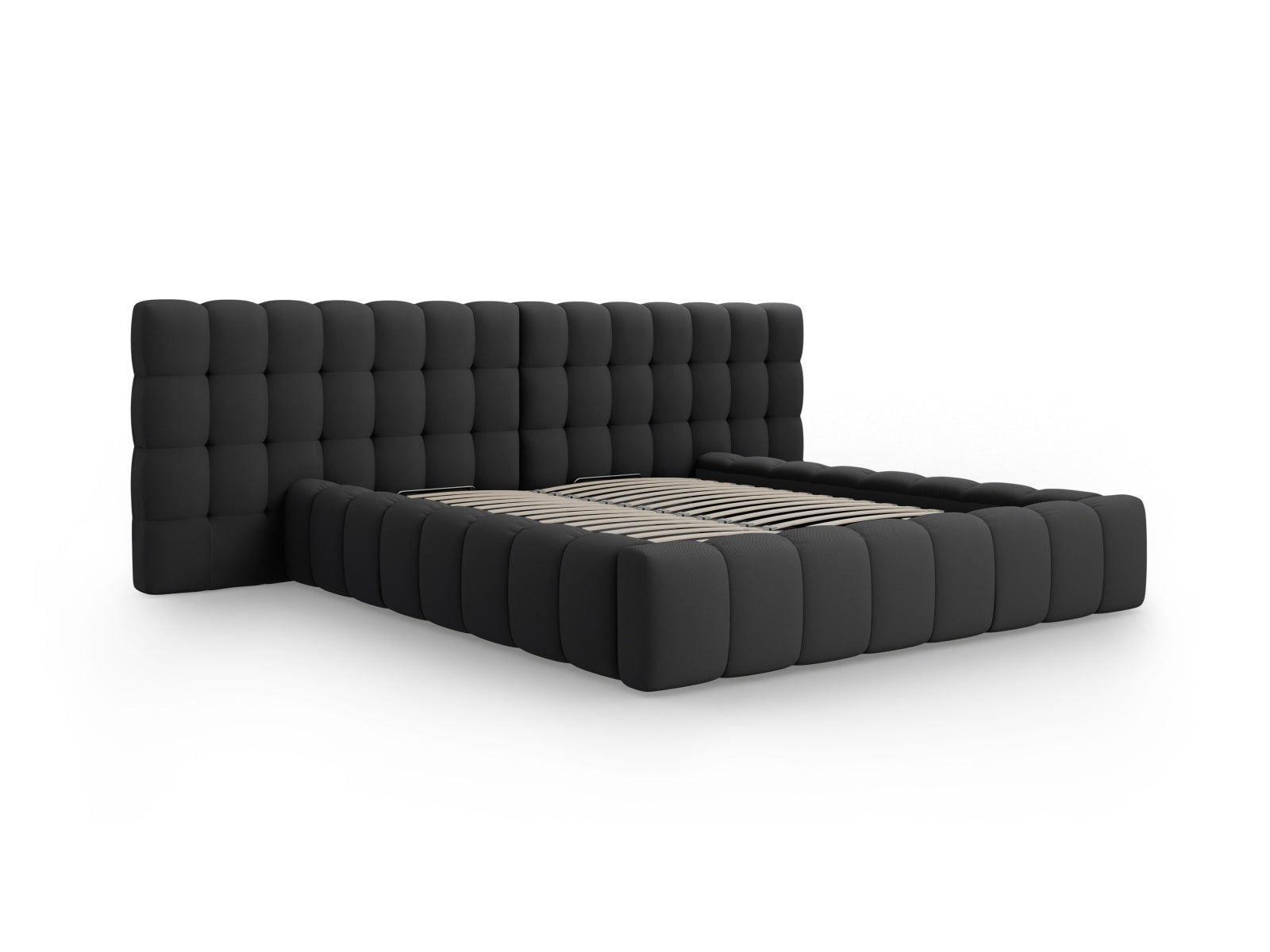 Stilvolles Mamaia Boucle Bett in Dunkelgrau, ausgestattet mit Stauraum und einem doppelten Kopfteil für zusätzlichen Komfort und Eleganz.
