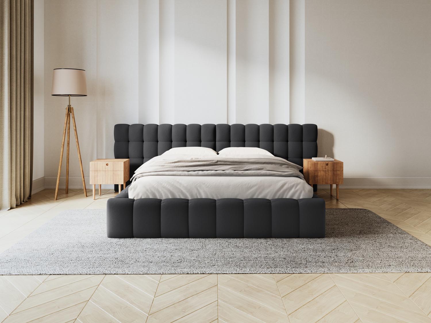 Elegantes Mamaia Boucle Bett in Dunkelgrau mit praktischem Stauraum und doppeltem Kopfteil, ideal für stilvolle Schlafzimmer.