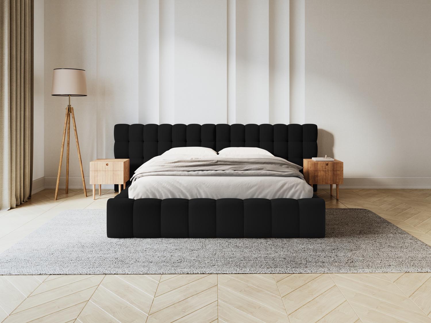 Elegantes Mamaia Boucle Bett in Schwarz mit praktischem Stauraum und doppeltem Kopfteil, ideal für stilvolle Schlafzimmer.