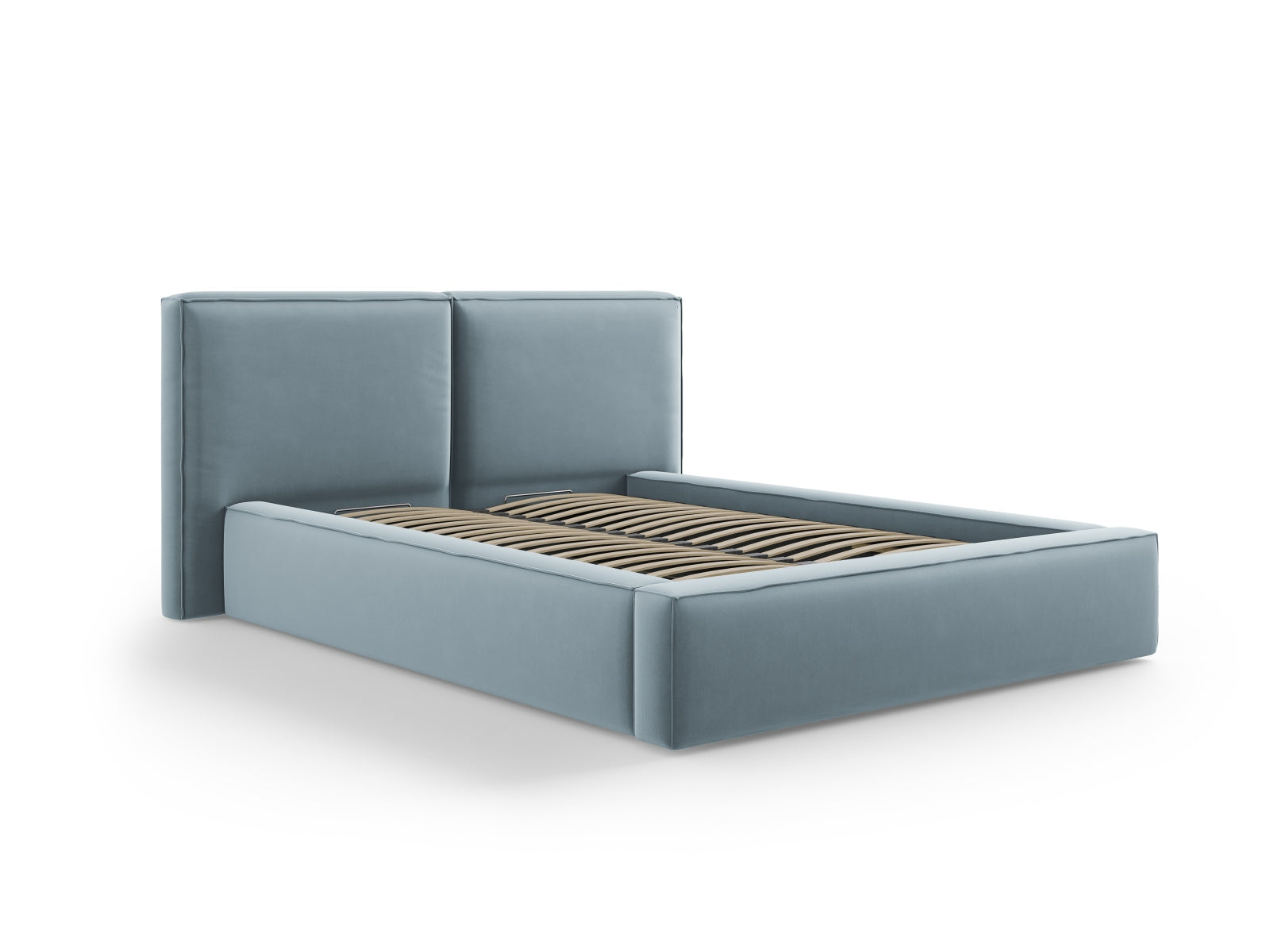Stilvolles Jodie Velour Bett in zartem Hellblau, ausgestattet mit praktischem Stauraum und einem eleganten doppelten Kopfteil.