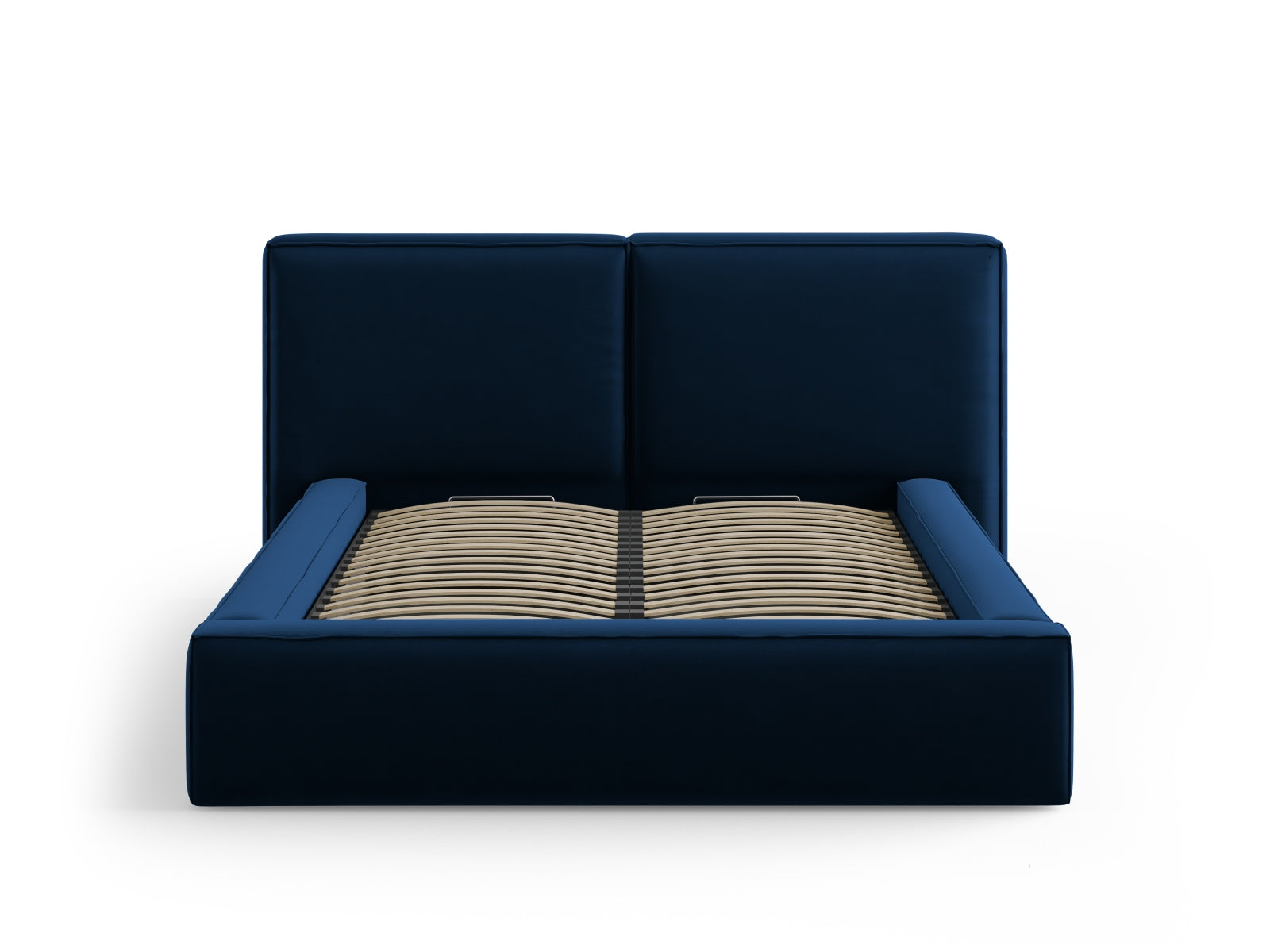 Elegantes Jodie Velour Bett in Royal Blue, bietet großzügigen Stauraum und ein komfortables, doppeltes Kopfteil für stilvolle Schlafzimmergestaltung.