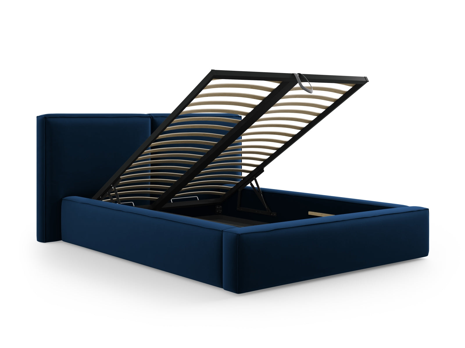Stilvolles Jodie Velour Bett in Royal Blue mit praktischem Stauraum und doppeltem Kopfteil für ein modernes Schlafzimmer.