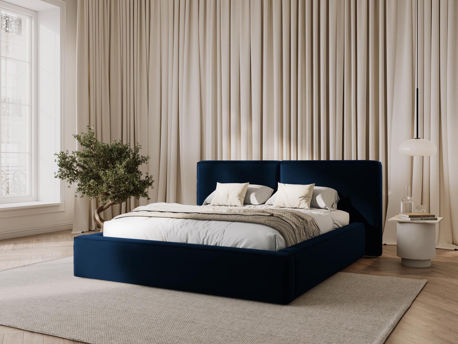 Entdecken Sie das stilvolle Jodie Velour Bett von Micadoni mit praktischem Stauraum und doppeltem Headboard für erholsamen Schlaf und elegantes Design.
