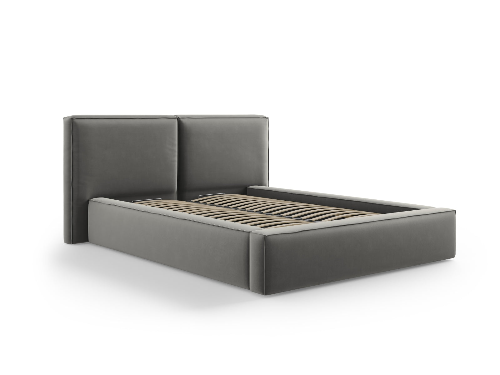 Stilvolles Jodie Velour Bett in sanftem Grau mit großzügigem Stauraum und doppeltem Kopfteil, perfekt für moderne Schlafzimmer.
