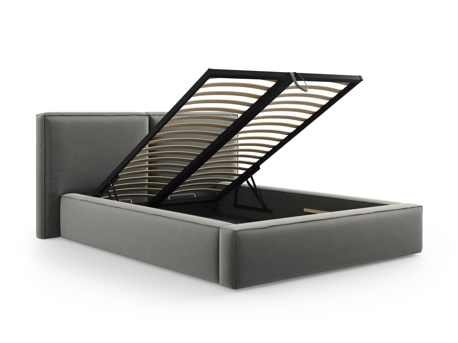 Stilvolles Jodie Velour Bett in sanftem Grau, ideal für Schlafzimmer, mit praktischem Stauraum und doppeltem Kopfteil für mehr Gemütlichkeit.