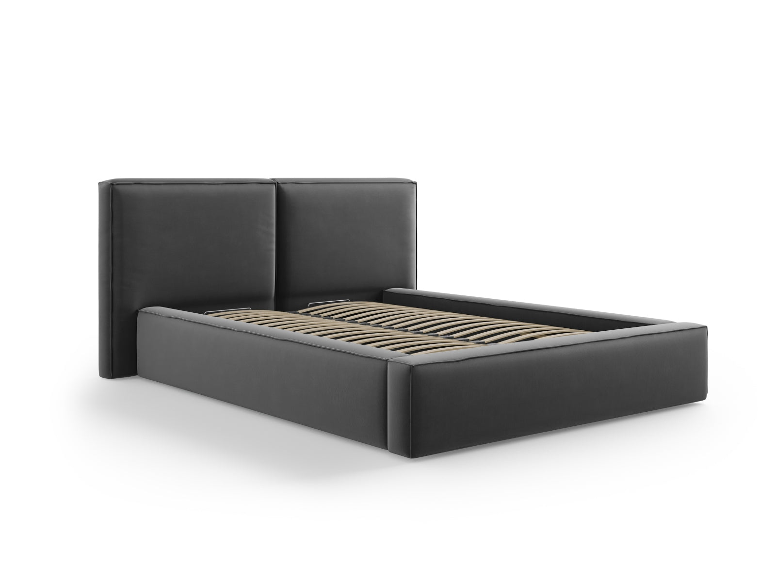 Stilvolles Jodie Velour Bett in Grey-Bluvel, ausgestattet mit praktischem Stauraum und einem doppelten Kopfteil für zusätzlichen Komfort.