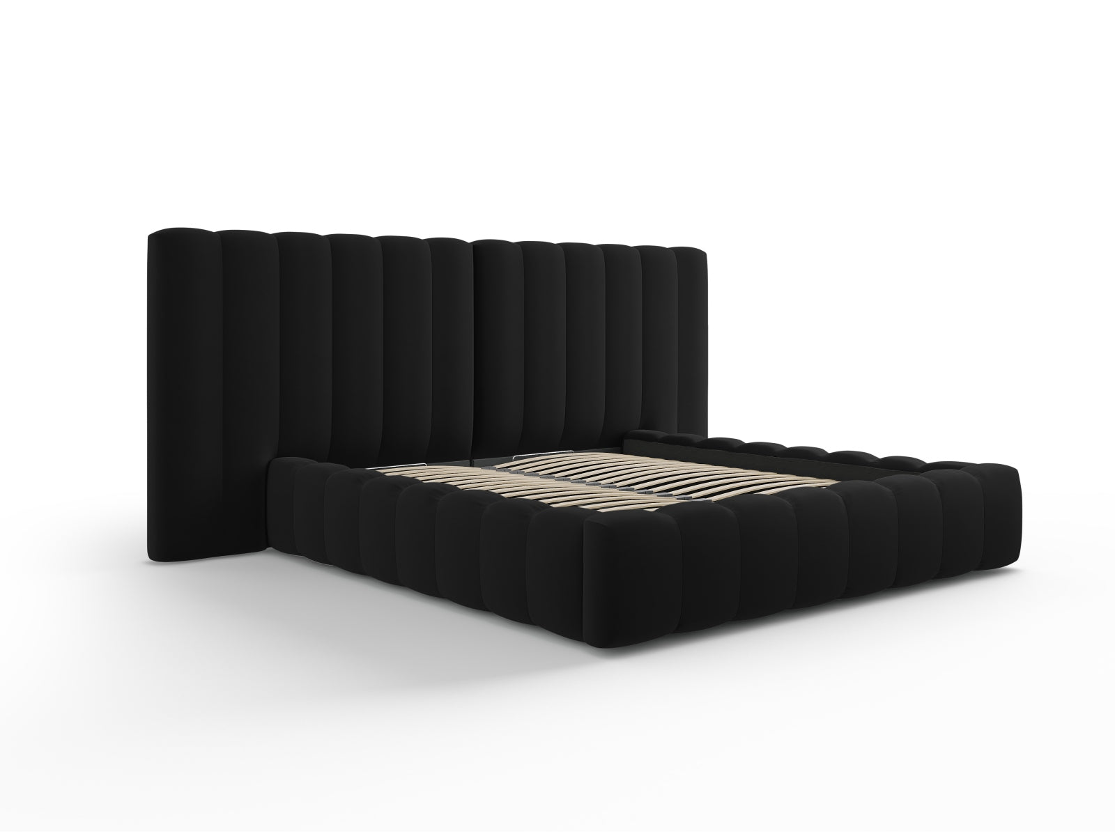 Erleben Sie das elegante Kelp Velour Bett von Micadoni – ausgestattet mit praktischem Stauraum und einem komfortablen Doppelkopfteil für besten Schlaf.