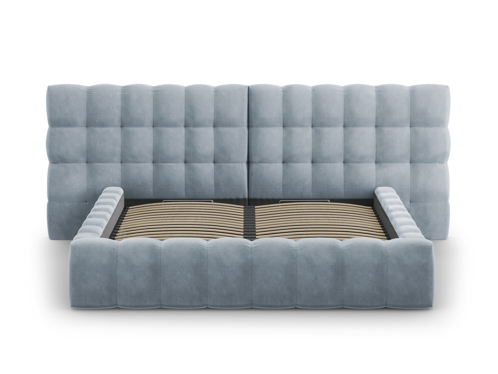 Elegantes Mamaia Velour Bett in sanftem Hellblau, bietet großzügigen Stauraum und ein modernes, doppeltes Kopfteil für zusätzlichen Komfort.
