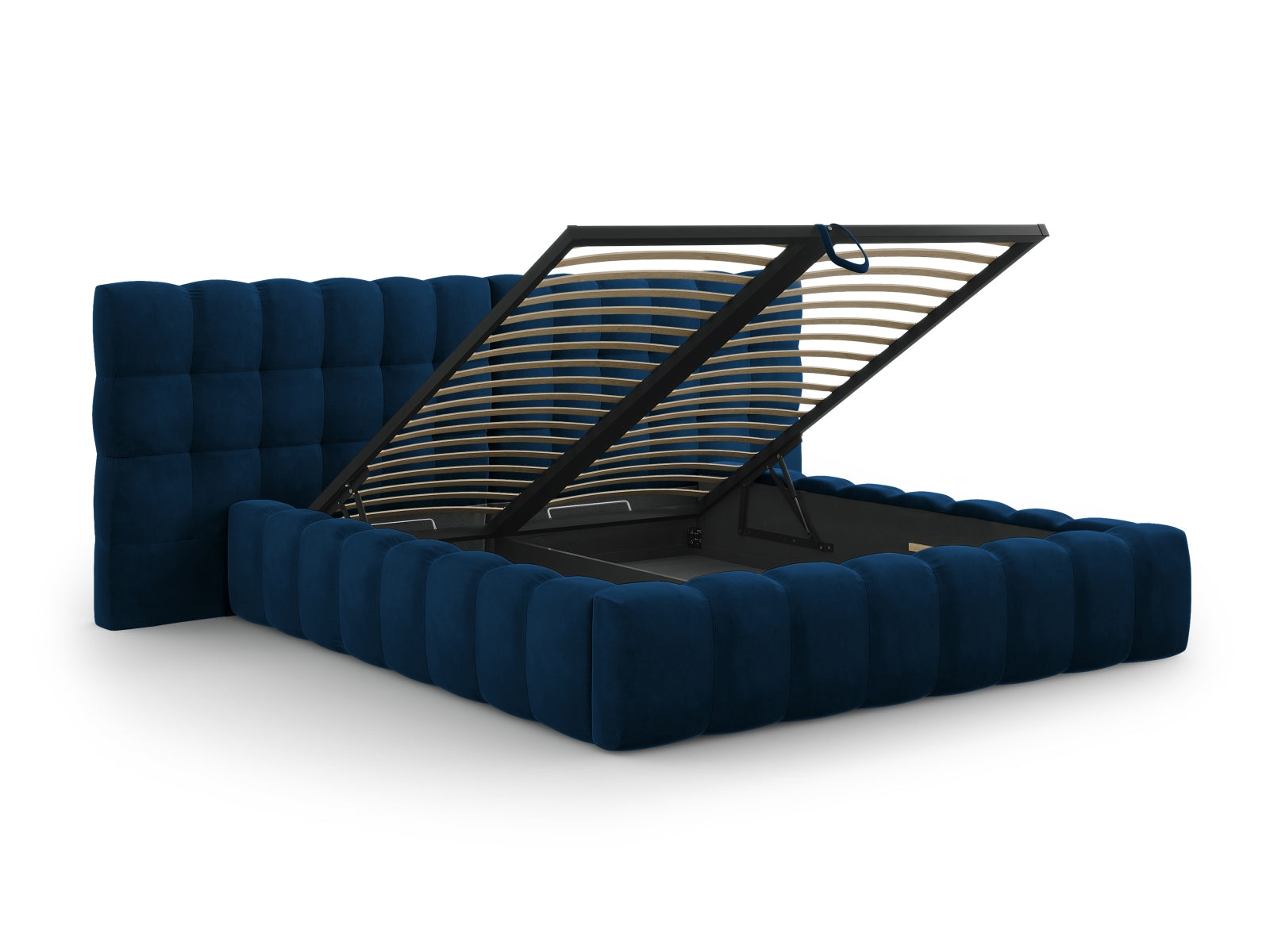 Stilvolles Mamaia Boucle Bett in Royal Blue, 140 cm, mit praktischem Stauraum und doppeltem Kopfteil für optimalen Schlafkomfort.