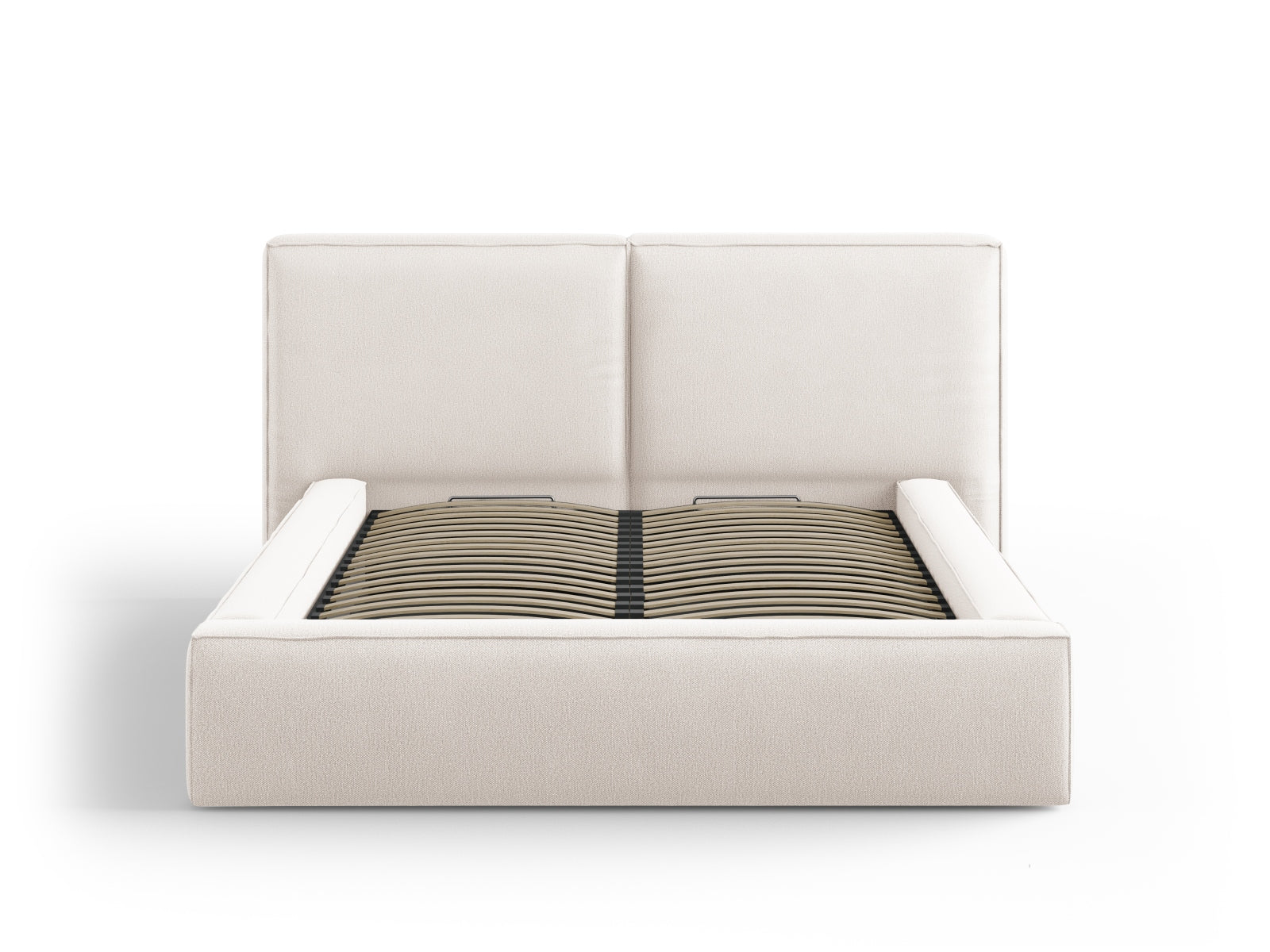 Elegantes Jodie Bett in Light Beige mit praktischem Stauraum und doppeltem Headboard, ideal für stilvolle Schlafzimmergestaltung.