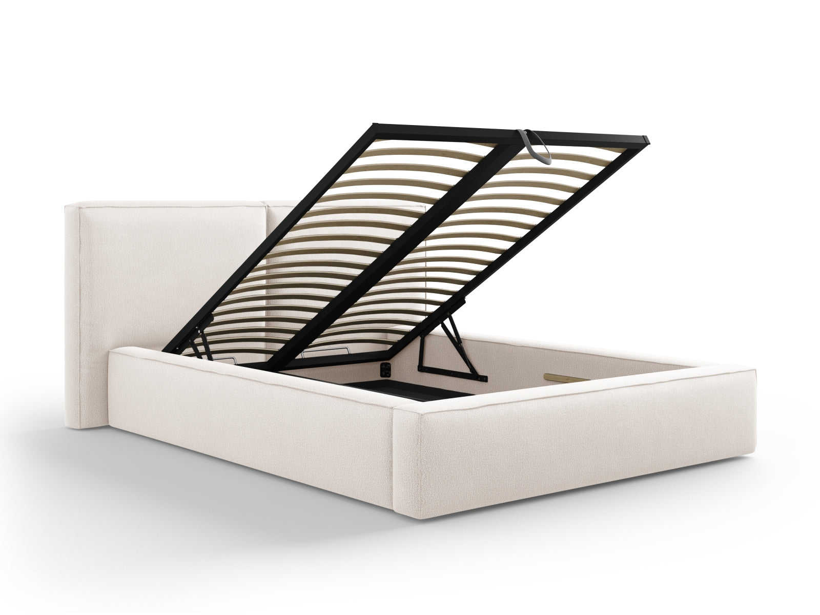 Erleben Sie das Jodie Bett von Micadoni: Elegantes Design mit doppeltem Headboard und praktischer Stauraumfunktion für ein aufgeräumtes Schlafzimmer.