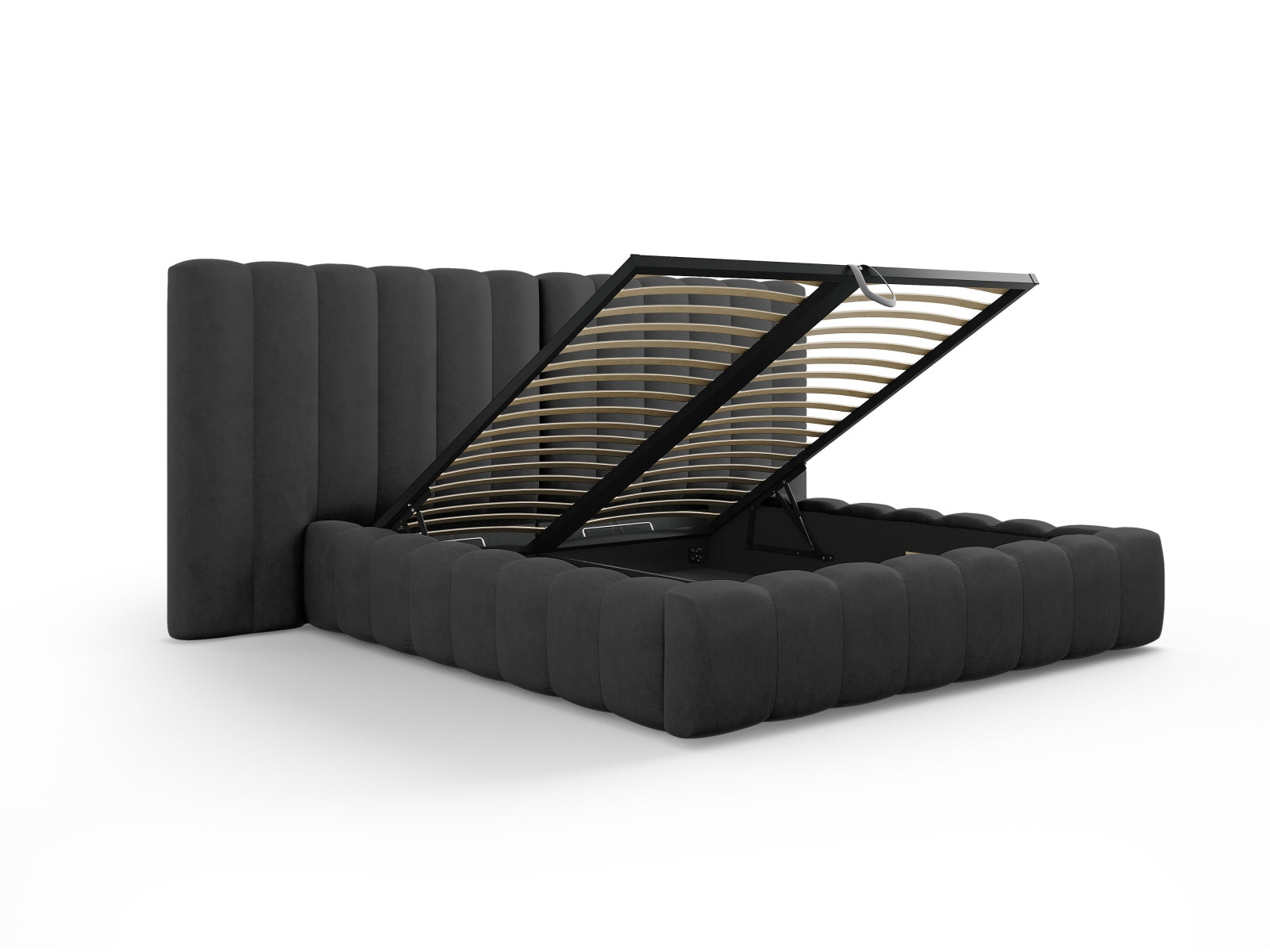 Entdecken Sie das Kelp Bett von Micadoni: stilvolles Design, praktischer Stauraum und ein elegantes doppeltes Headboard für optimalen Komfort.