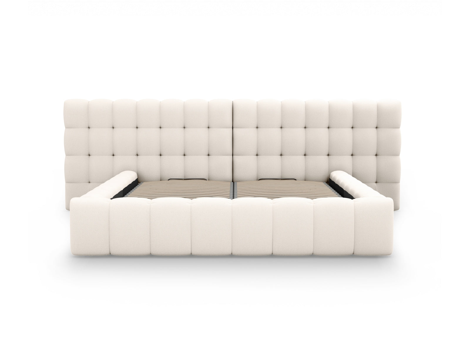 Elegantes Mamaia Boucle Bett in zartem Beige, bietet cleveren Stauraum und ein ansprechendes doppeltes Kopfteil für stilvolle Schlafzimmergestaltung.