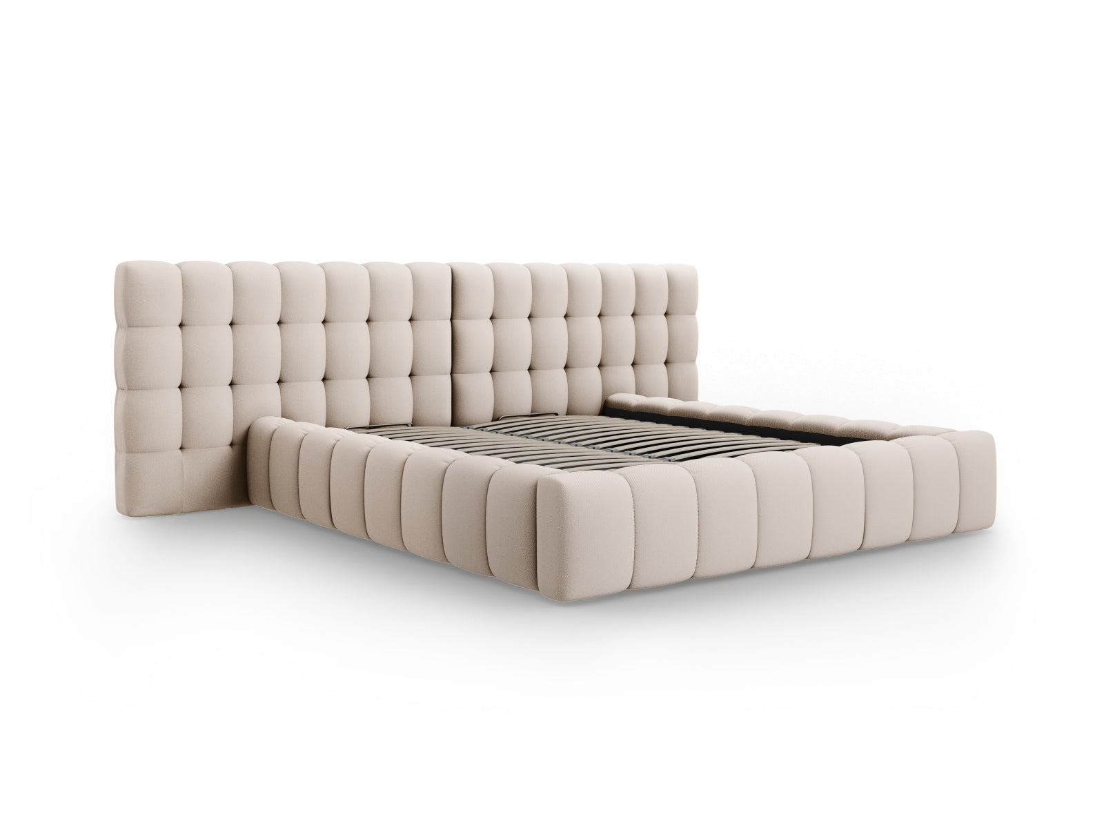 Stilvolles Mamaia Boucle Bett in sanften Beige- und Schwarztönen, ausgestattet mit praktischem Stauraum und einem doppelten Kopfteil für zusätzlichen Komfort.