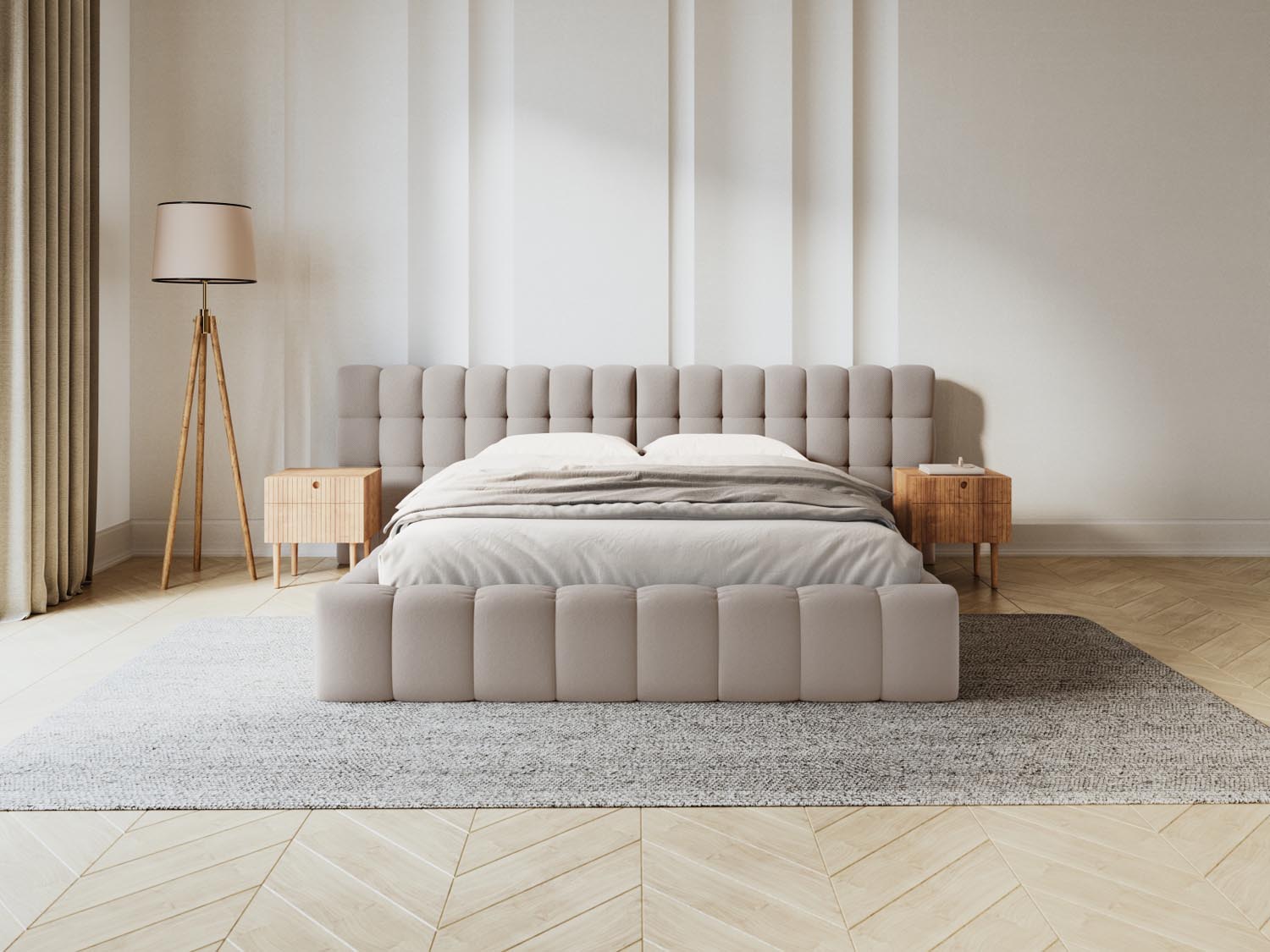 Elegantes Mamaia Boucle Bett in Beige und Schwarz mit praktischem Stauraum und doppeltem Kopfteil, ideal für stilvolle Schlafzimmer.