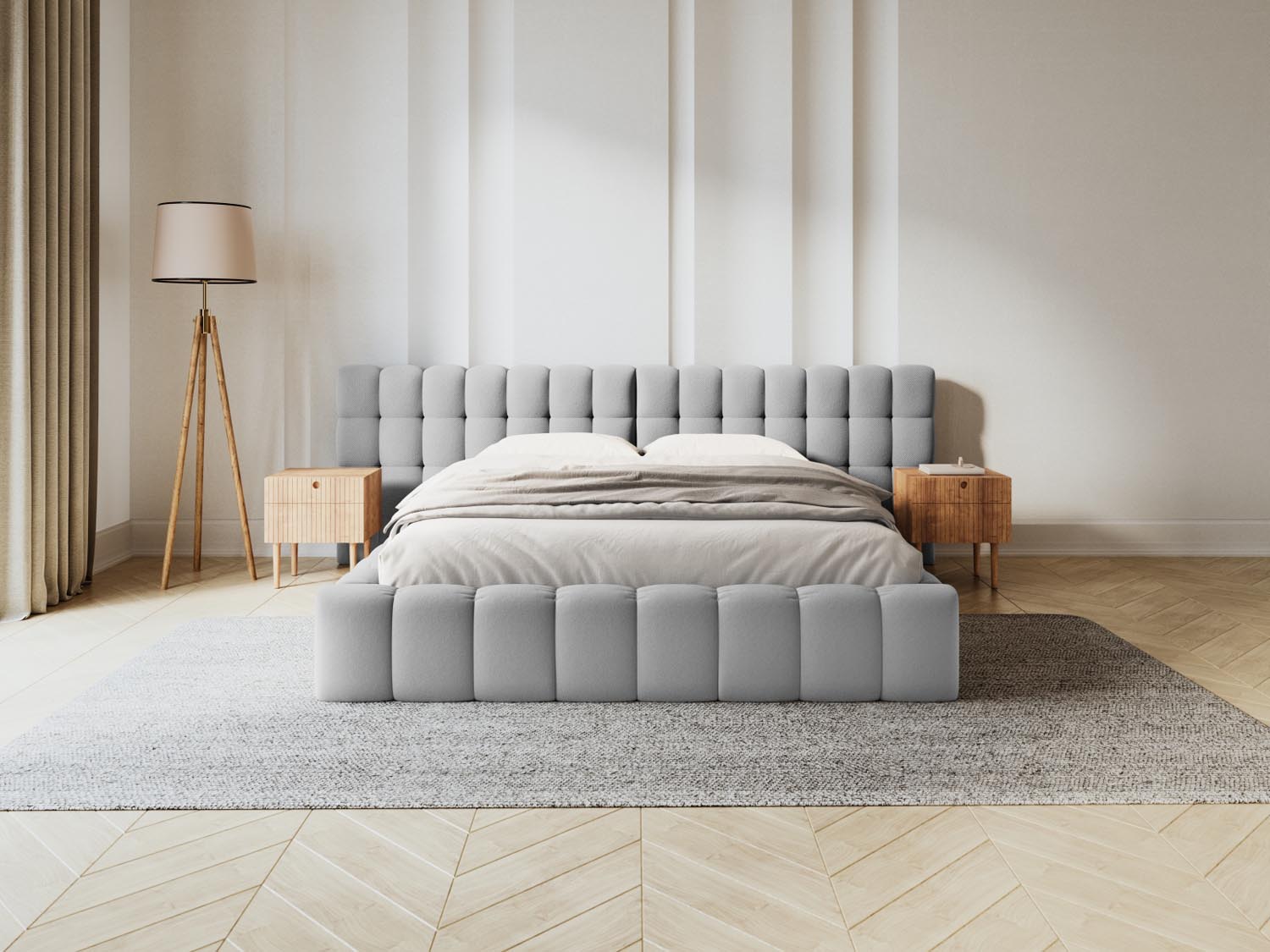 Elegantes Mamaia Boucle Bett in Light Grey/Schwarz-Neve mit praktischem Stauraum und doppeltem Headboard, ideal für stilvolle Schlafzimmer.