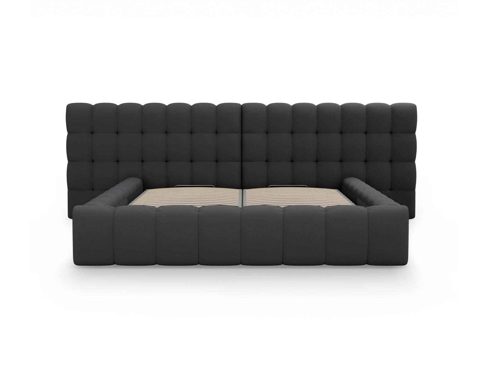 Elegantes Mamaia Boucle Bett in Dunkelgrau mit großzügigem Stauraum und doppeltem Kopfteil für optimalen Schlafkomfort.